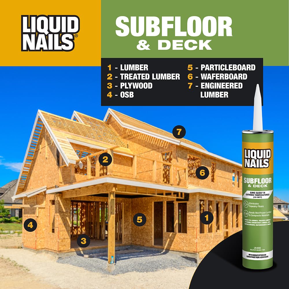 Liquid Nails 10 oz. Heavy Duty Subfloor & Deck Construction Adhesive - Strong Bonding for Wood, Concrete & Plywood | Perfect for Home Renovation & DIY Projects