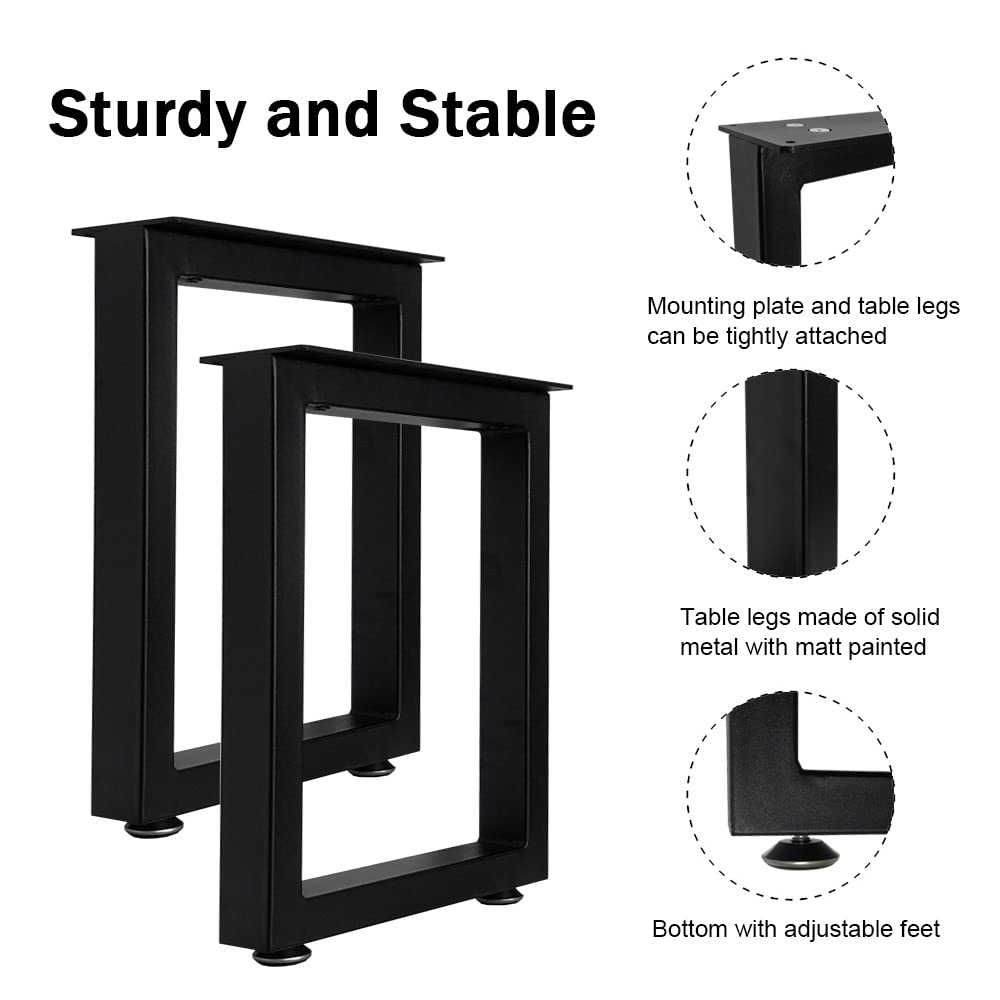 QLLY 16 Inch Black Square Table Legs - Industrial Style Bench Legs, Heavy Duty Furniture Leg Set of 2 for Dining Tables, Workbenches & DIY Projects