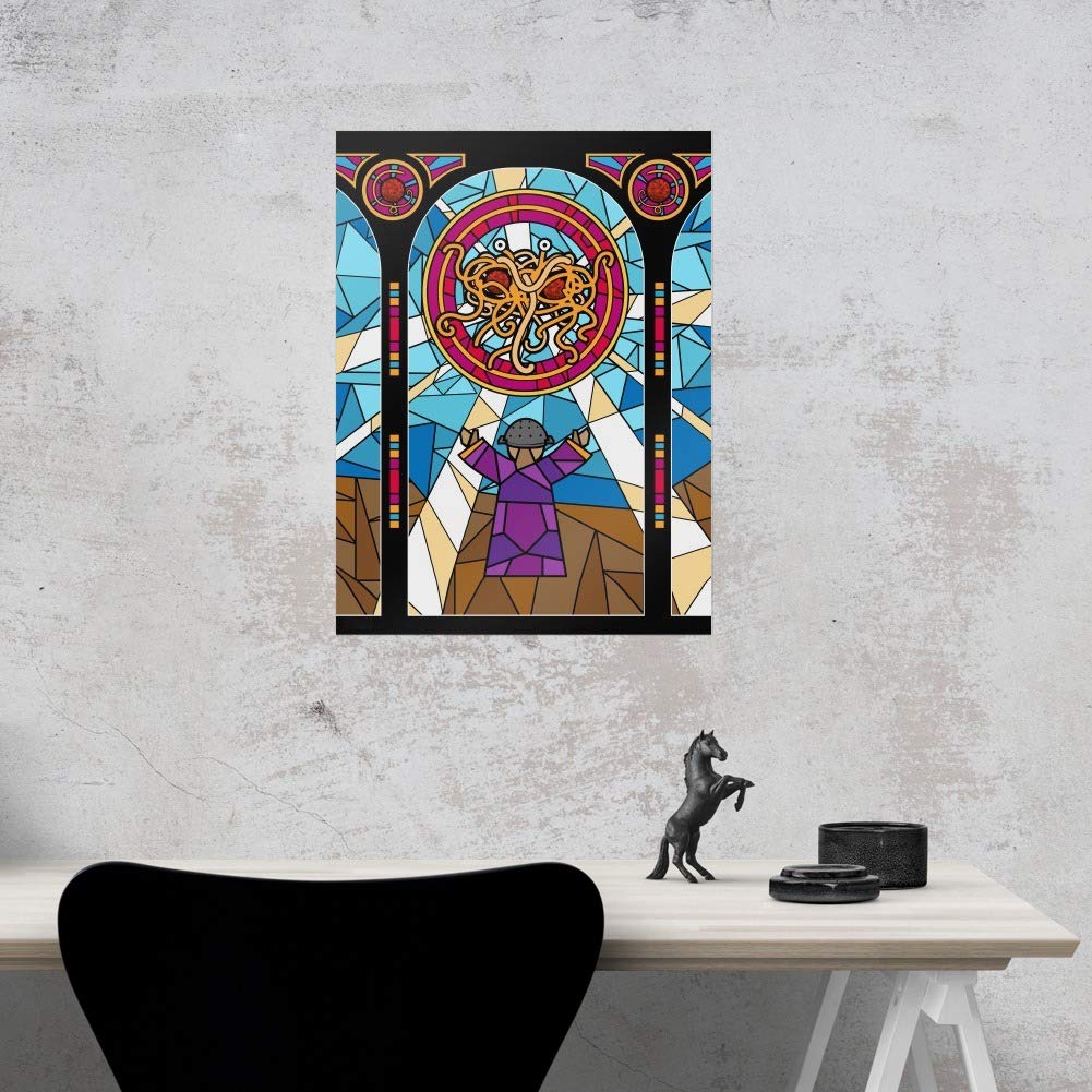 Flying Spaghetti Monster Stained Glass Wall Art - Unique Home Decor Poster for Kitchen, Living Room & Office - Gothic Religious Humor Gift for Atheists & Pastafarians