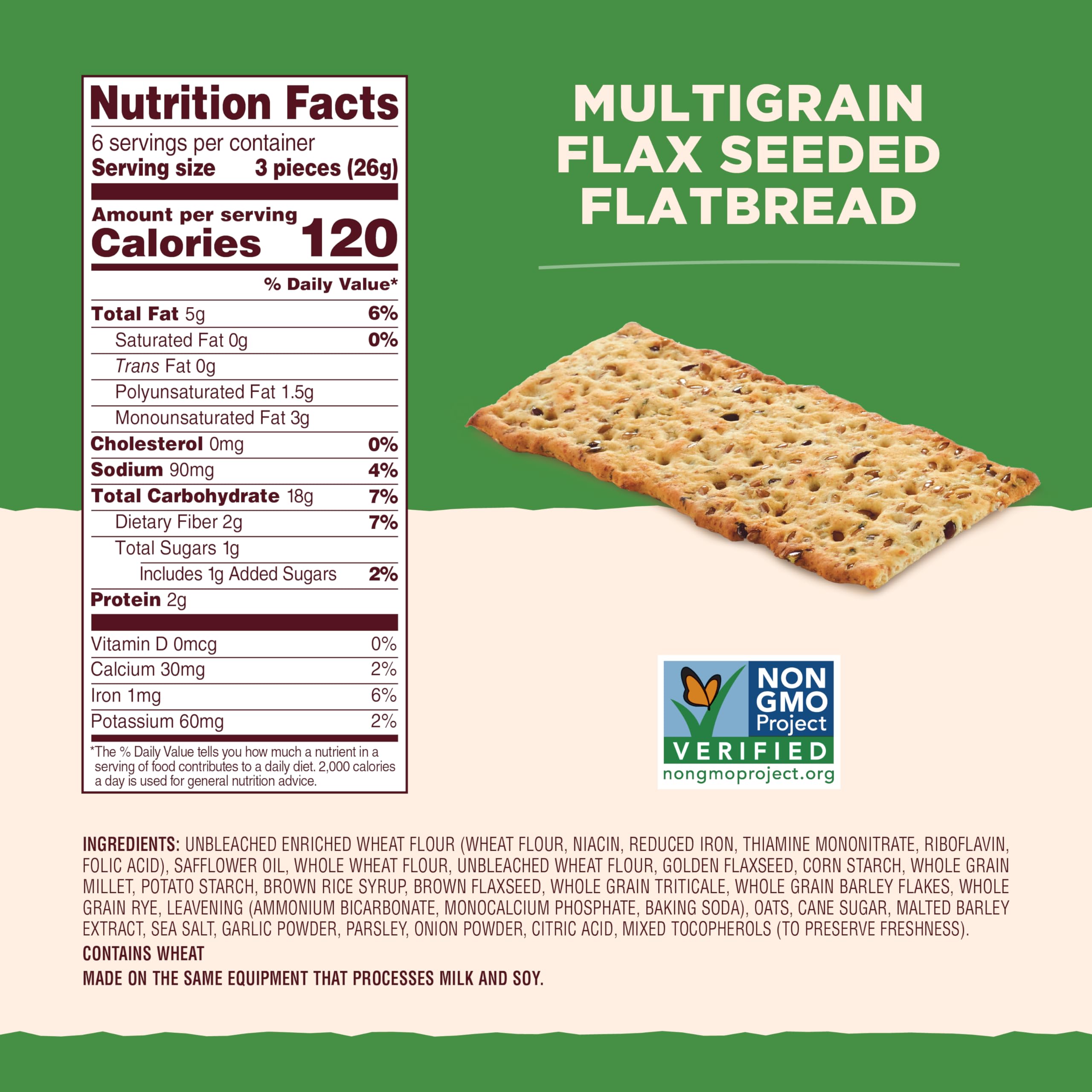 Organic Multigrain Flaxseed Flatbread Crackers - Gluten-Free, Non-GMO, Vegan Snacks with Whole Grains & Wheat Flour - Healthy Crunchy Crackers for Lunch, Picnic or Party - 5.5oz (6-Pack)