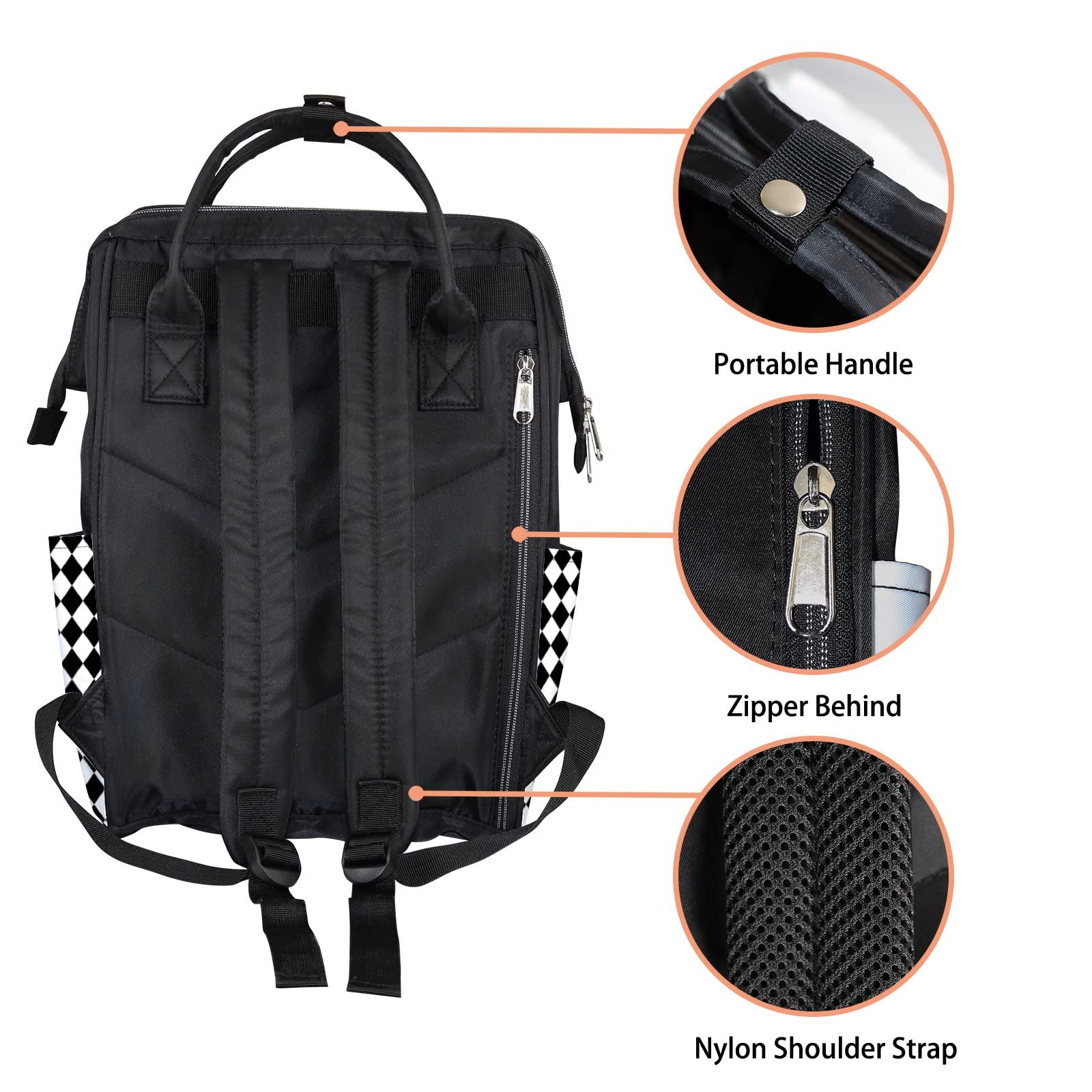**Retro Black and White Lattice Diaper Backpack – Waterproof Baby Nappy Changing Bag with Large Capacity, Durable & Stylish for Women & Men – Perfect for Travel, Work, and Everyday Use**