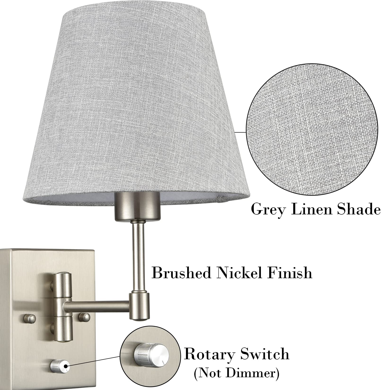 Plug-in Swing Arm Wall Sconce Set of 2 - Brushed Nickel Wall Lamp with Grey Fabric Shade & On/Off Switch for Bedroom, Living Room, Hallway - Perfect for Reading Nook, Nightstand Lighting & Home Decor