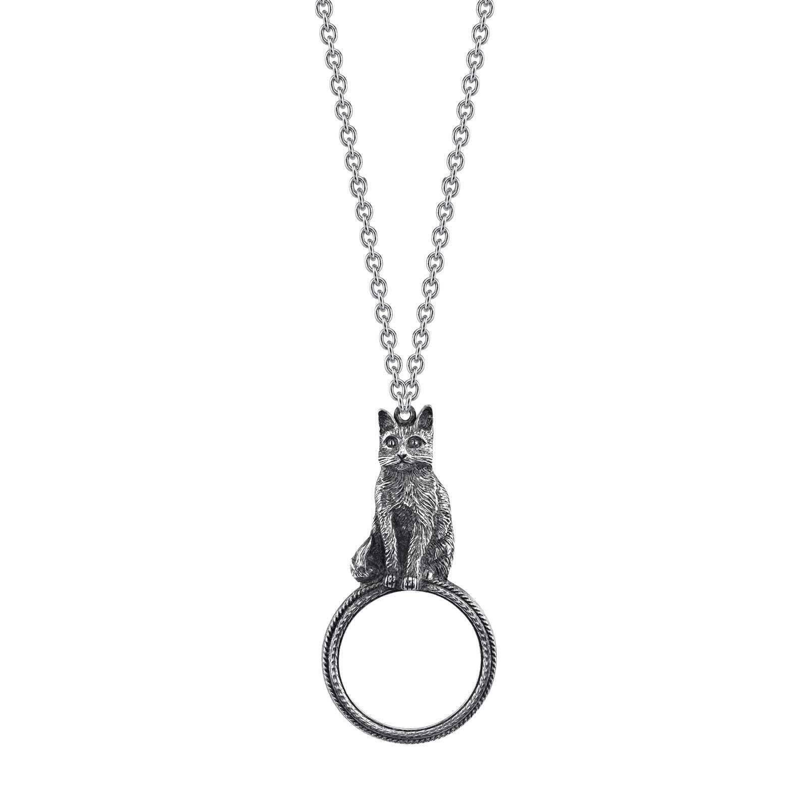 Vintage 1928 Antiqued Cat Magnifying Glass Pendant Necklace - 2-3X Magnification Power for Reading & Jewelry Appraisal | Perfect Gift for Book Lovers & Antique Collectors
