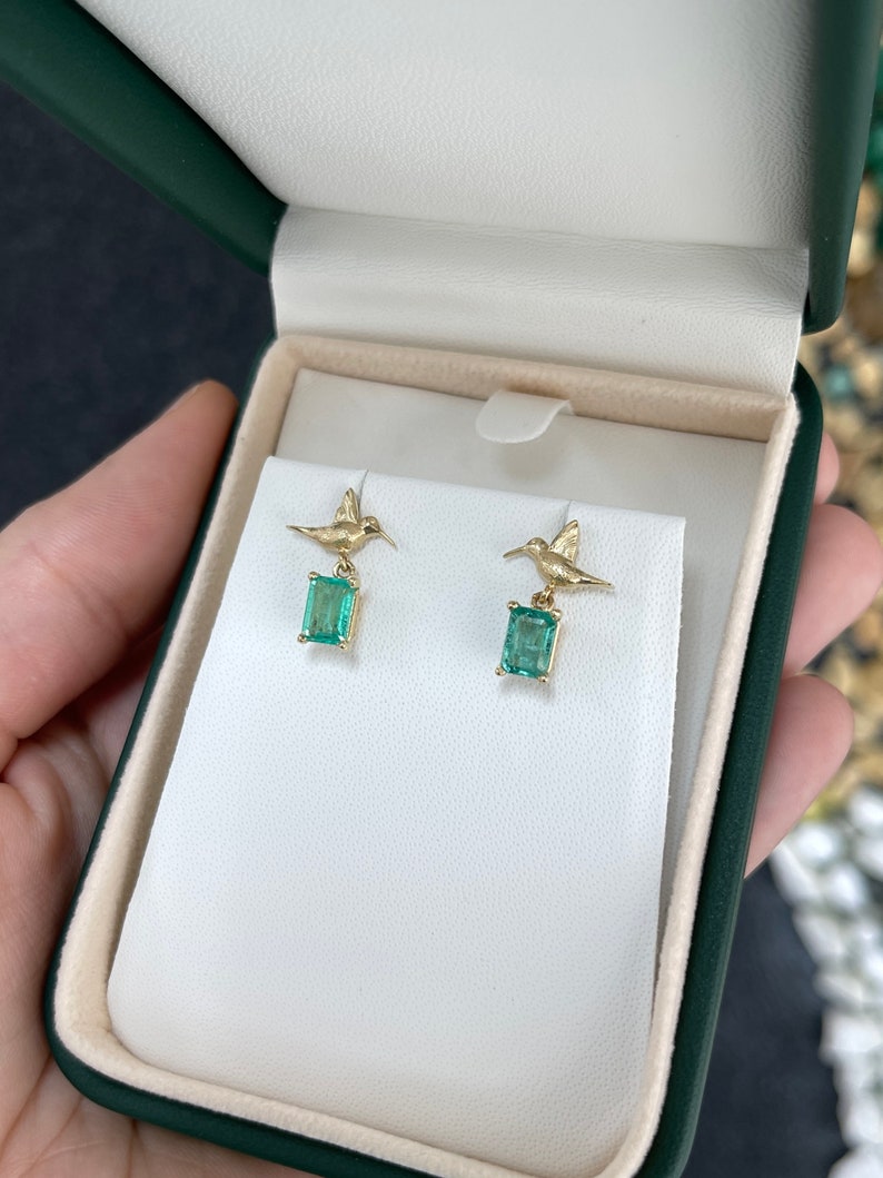 14K Gold Natural Emerald & Hummingbird Dangle Stud Earrings - 1.90tcw Elegant Jewelry for Women, Perfect Gift for Birthday, Anniversary & Special Occasions
