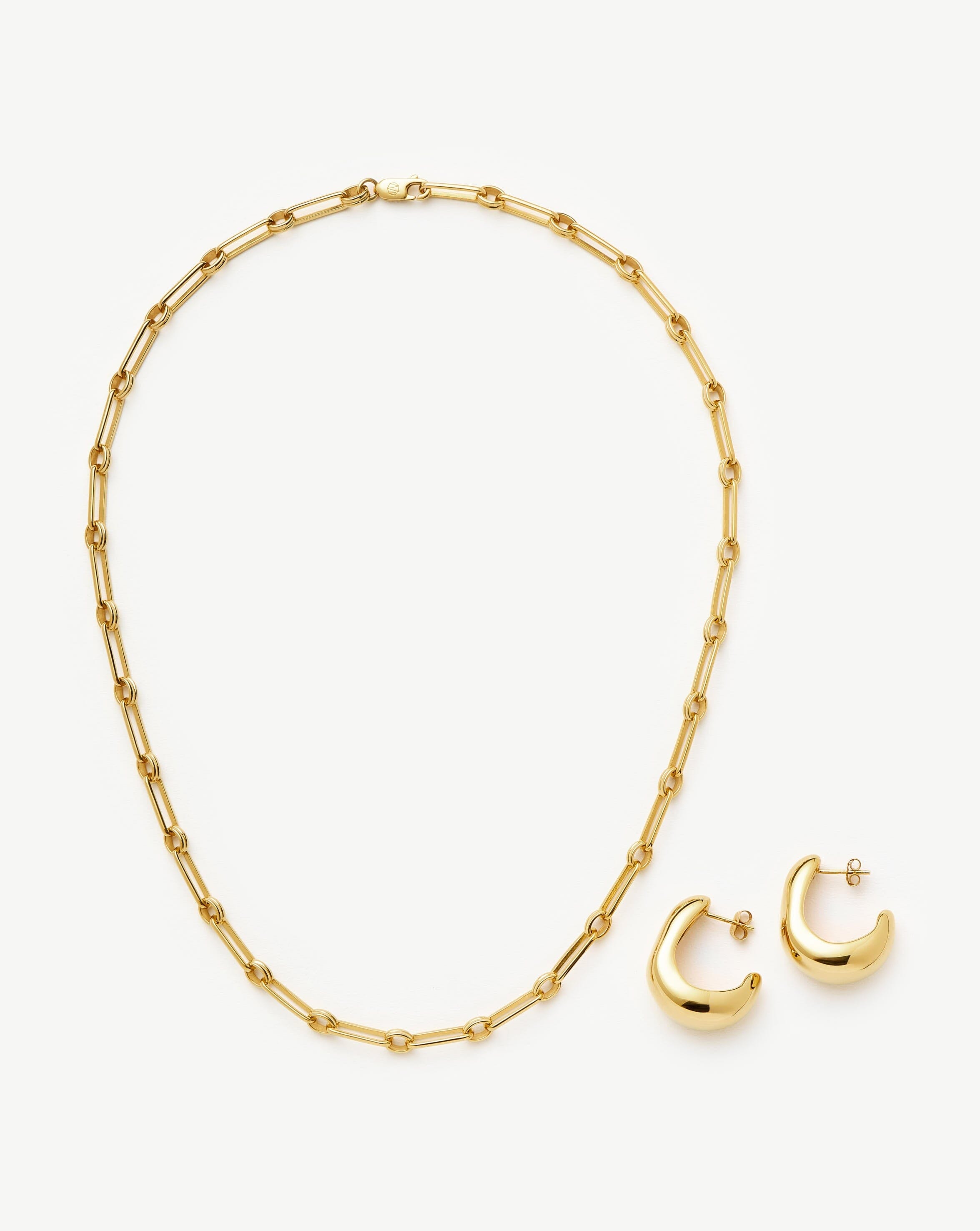 18k Gold Plated Dome Hoop Earrings and Chain Necklace Set for Women - Elegant Jewelry Gift for Birthday, Anniversary, Party & Everyday Wear