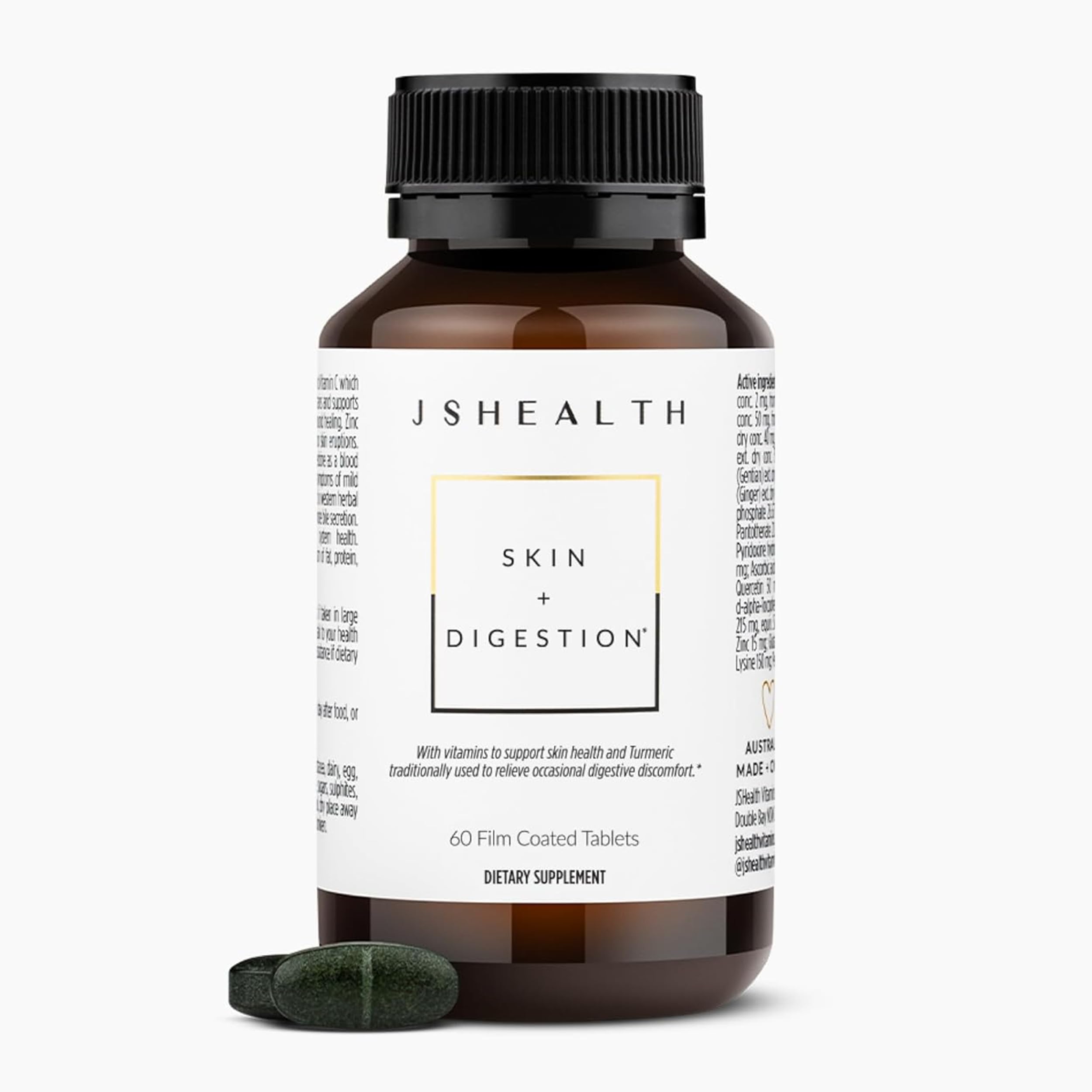 JSHealth Vitamins Skin and Digestion Formula - Zinc Supplement with Burdock & Turmeric for Clear Healthy Skin | Acne Treatment for Teens & Adults | Supports Gut Health & Glowing Complexion | Perfect for Daily Wellness Routine (60 Tablets)