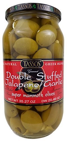Tassos Double Stuffed Jalapeno Garlic Super Mammoth Greek Olives - 35.27 Oz (Pack of 6) | Large Pitted Olives for Charcuterie Boards, Salads, Cocktails & Mediterranean Recipes