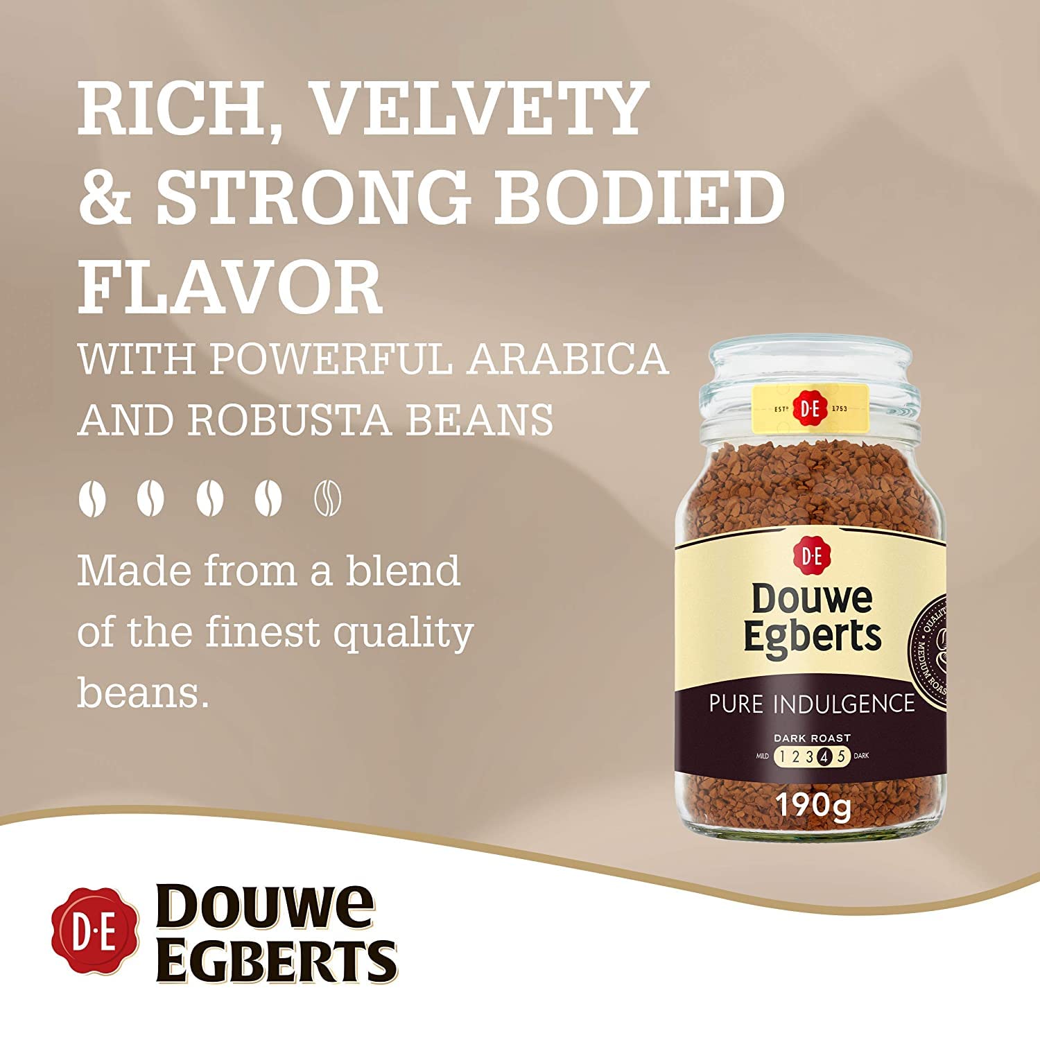 Douwe Egberts Pure Indulgence Instant Coffee 190g (6-Pack) - Rich & Smooth Premium Instant Coffee for Office, Travel & Home Brewing