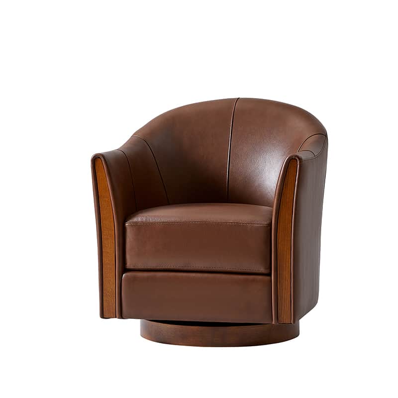 Clara Genuine Leather Swivel Barrel Chair with Solid Wood Base - Stylish Home Office & Living Room Accent Chair for Comfortable Seating