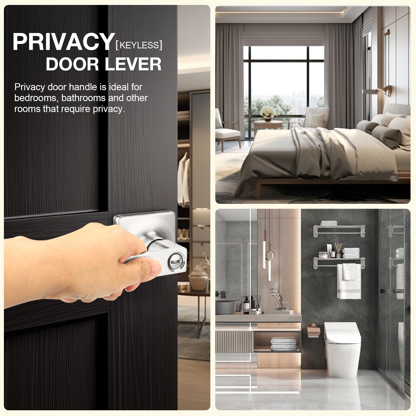 GOBEKOR 10 Pack Keyless Privacy Door Levers - Brushed Nickel Bedroom Door Handle with Lock, Square Interior Door Handles, Straight Lever for Home Security | Perfect for Bedrooms, Bathrooms & Private Spaces