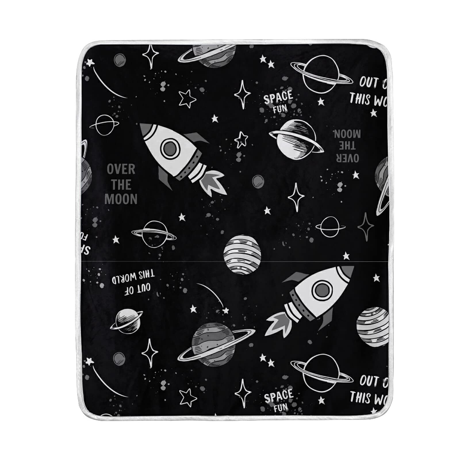Space Doodle Cartoon Fleece Blanket - Super Soft Plush Throw with Rockets, Planets & Stars Design (50x90 Inches) for Cozy Home, Camping & Travel | Warm Bed, Sofa & Couch Blanket