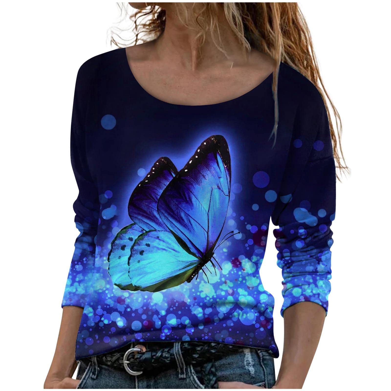 Women's Long Sleeve Blouses - Elegant Butterfly Print Crewneck Tops for Fall | Trendy Casual Shirts & Dressy Sweatshirts | Perfect for Office, Date Night & Autumn Outfits