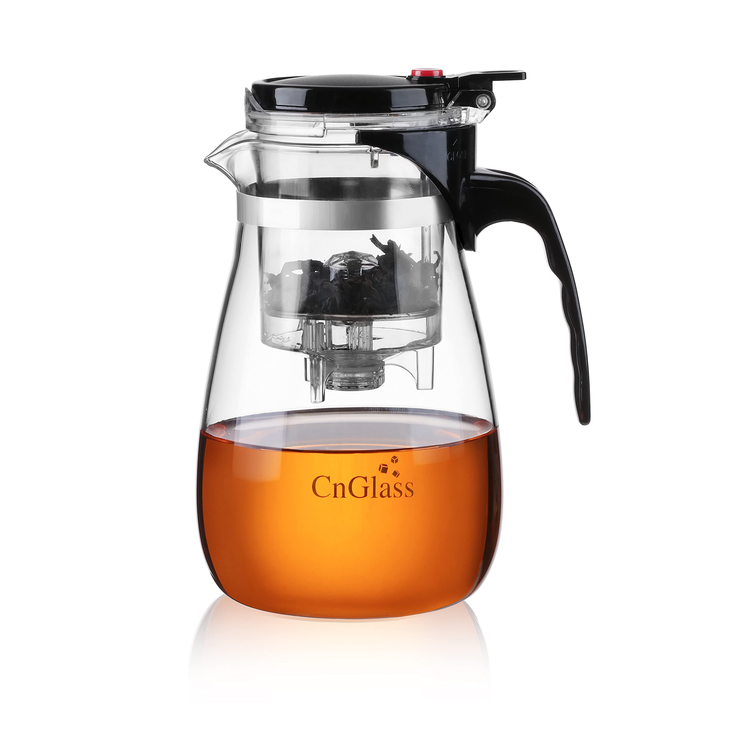 Premium Clear Glass Teapot with Removable Stainless Steel Infuser - 30.5oz Loose Leaf & Blooming Tea Maker - One-Touch Filter Button for Perfect Brewing - Ideal for Home, Office & Tea Ceremonies