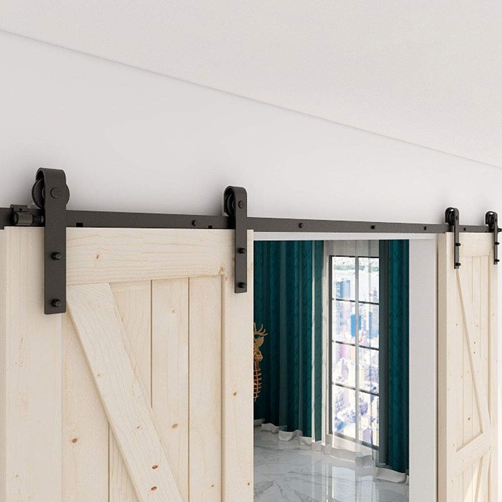 TSMST 20FT Heavy Duty Sliding Barn Door Hardware Kit - Black J-Shaped Track for Double Wood Doors | Smooth & Quiet Operation | Farmhouse Style | Easy Installation for Home, Office & Barn Spaces