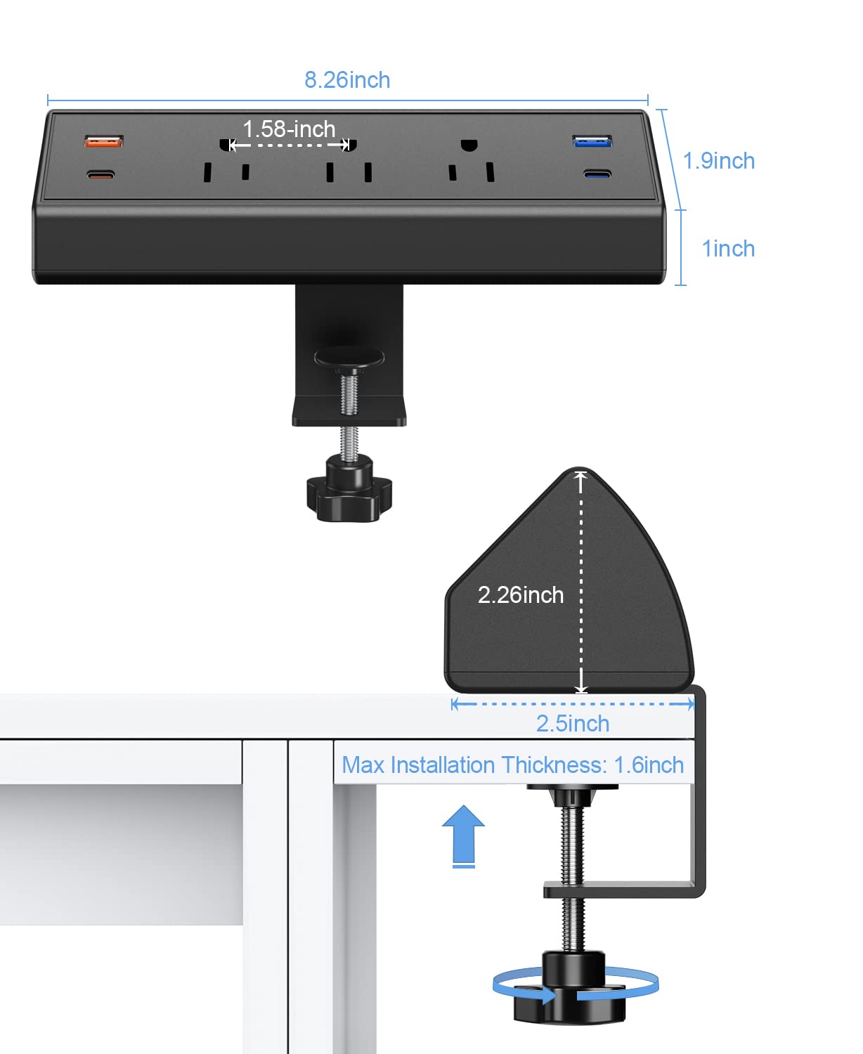 65W Fast Charging Desk Clamp Power Strip with USB-C Ports - Surge Protector with 3 Outlets & 6ft Cord for iPhone 14 Pro Max/iPad/MacBook Air - Perfect for Home Office, Gaming Setup & Bedside Charging (Black)