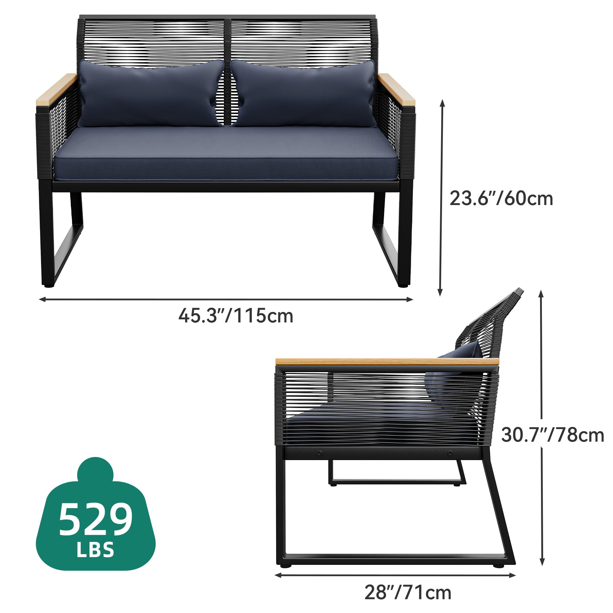 YITAHOME All-Weather Wicker Patio Loveseat - Outdoor Rattan Conversation Set with Wooden Armrest & Dark Gray Cushions for Backyard, Balcony, Deck, Garden - Perfect for Relaxing, Entertaining & Outdoor Lounging
