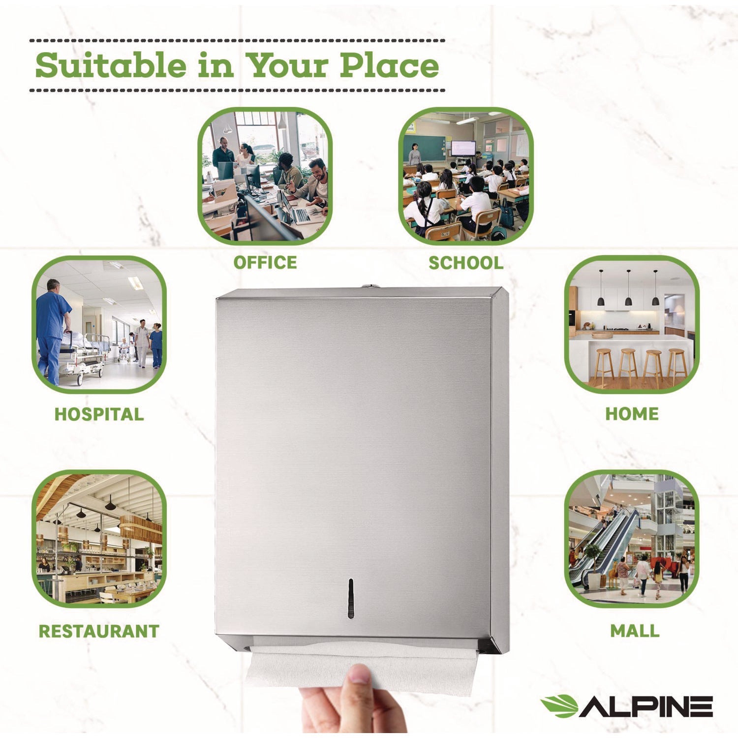 Alpine Industries Commercial Grade Stainless Steel Paper Towel Dispenser - Vertical C Fold & Multi Fold Towel Holder (14.5