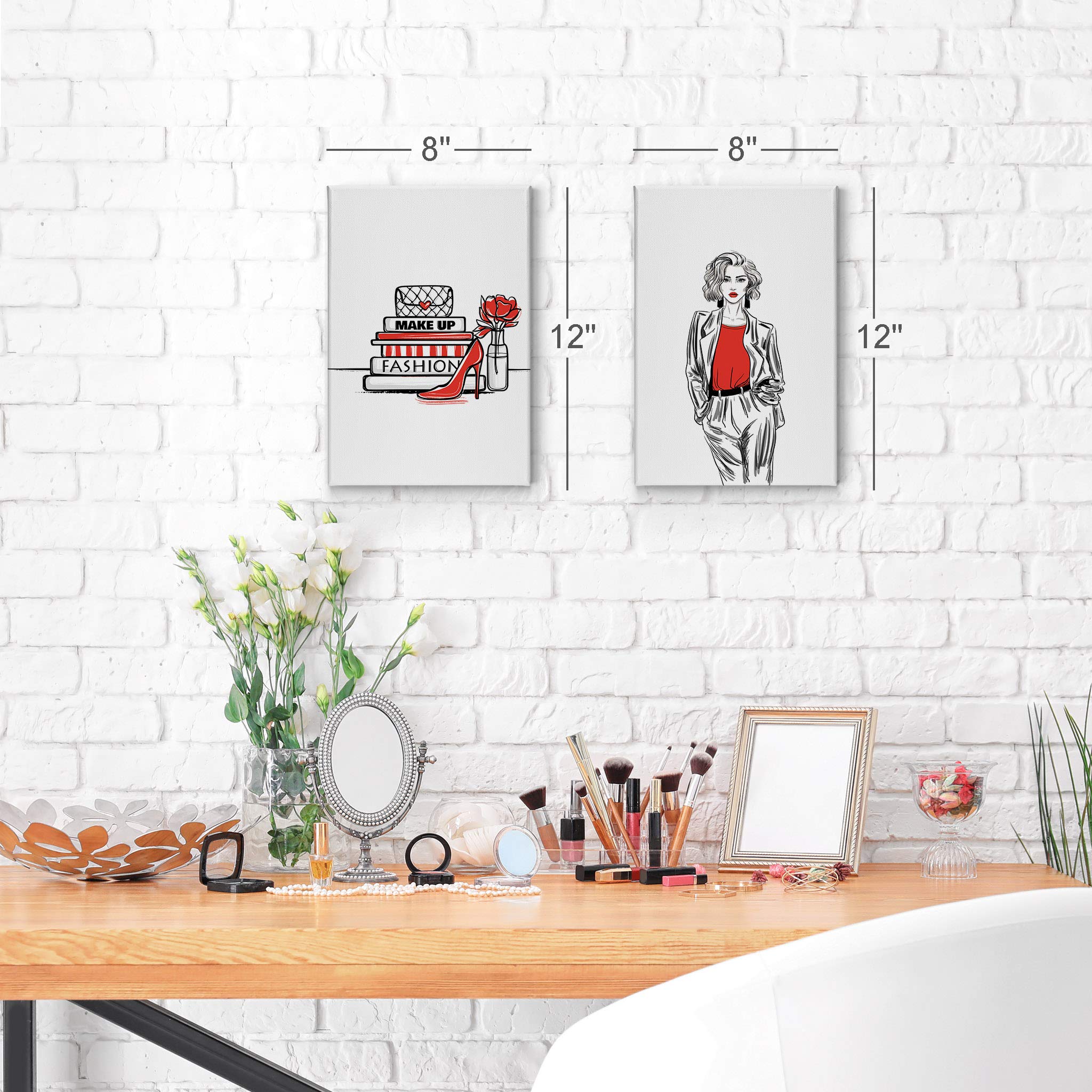 Glam Fashion Canvas Wall Art - 2 Piece Set with Red, Black & White Book, Bag & High Heels Print - Ready to Hang (22x15 Inches) - Perfect for Office, Bathroom, Women's Dorm, Bedroom & Living Room Decor