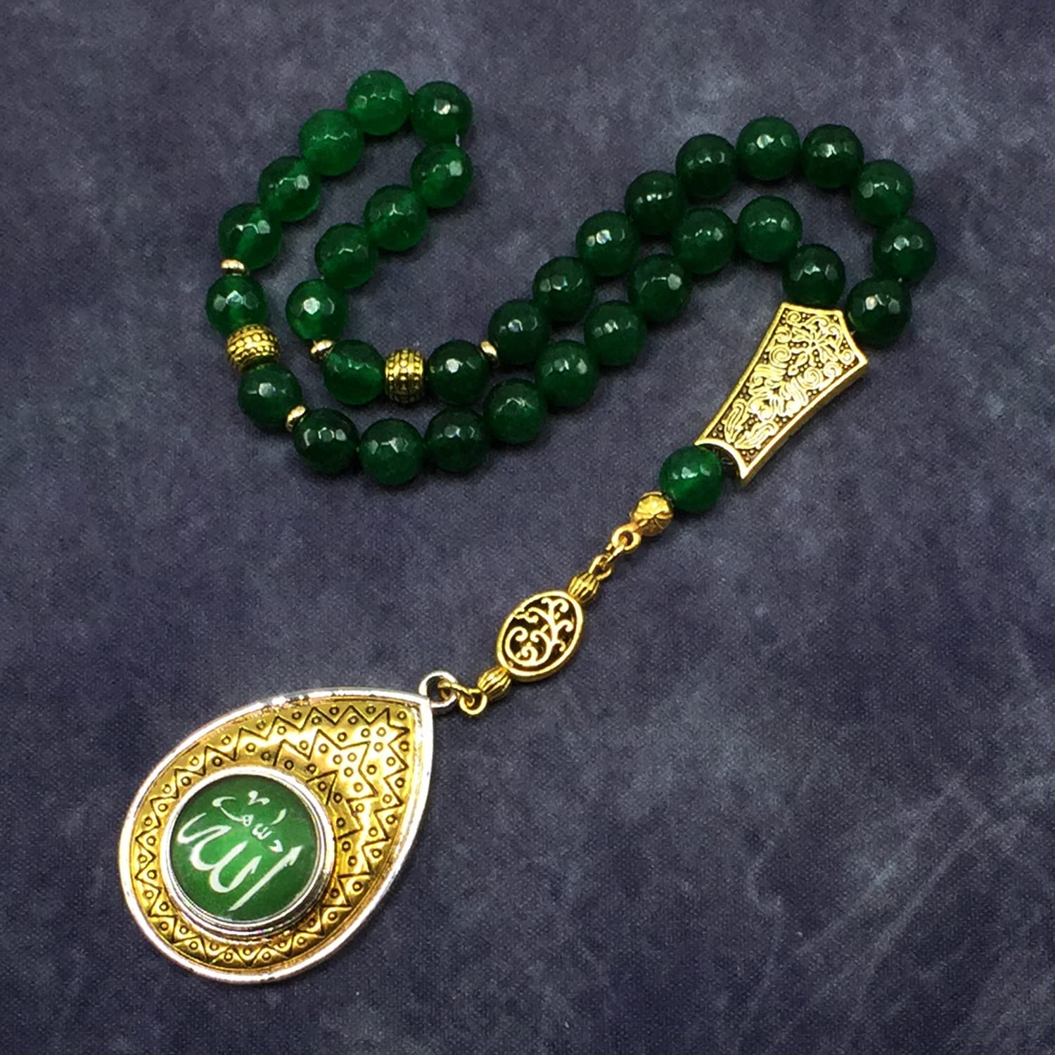Orient Collection - Genuine Green Jade Faceted Prayer Beads, Worry Beads, Tasbih, Misbaha (8mm, 33 Beads with Allah Tassel) - Islamic Meditation, Stress Relief & Spiritual Practice Accessory