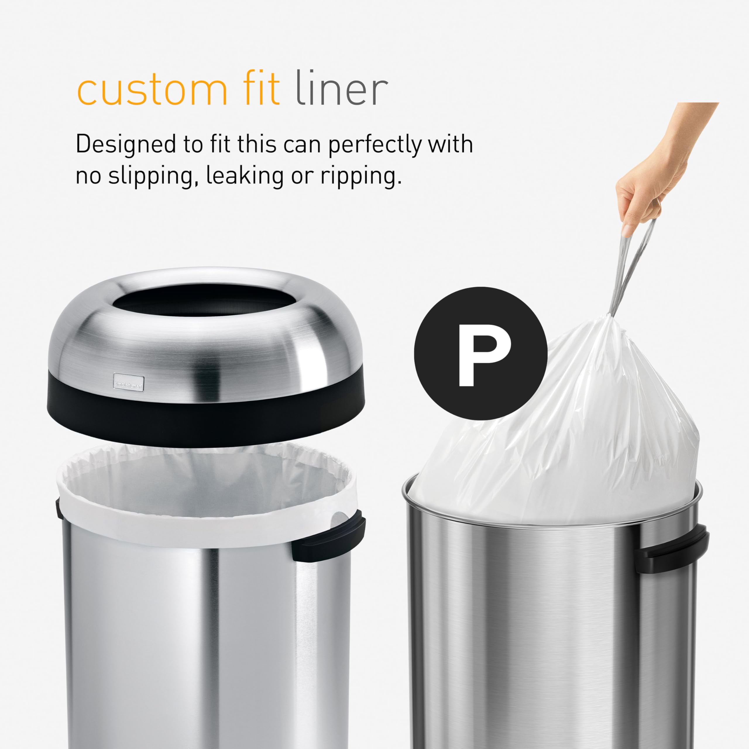 simplehuman Code P 200 Count Genuine Custom Fit Liners - 30 Liter / 8 Gallon Drawstring Trash Bags - White - Perfect for Kitchen, Bathroom & Office Waste Bins
