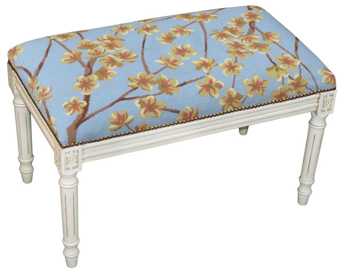 100% Wool Blue Blossoms Needlepoint Upholstered Solid Wood Bench - Antique White Wash C920AWBC | Handcrafted Wool Bench for Living Room, Bedroom & Entryway Decor