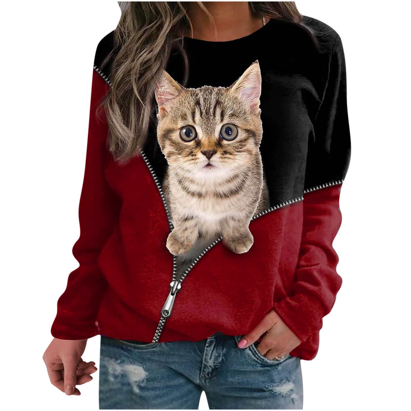 Women's Cute Cat Print Crewneck Sweatshirt - Soft Loose Fit Long Sleeve Pullover Top for Casual Wear | Perfect for Fall Outfits, Cozy Homewear & Weekend Street Style
