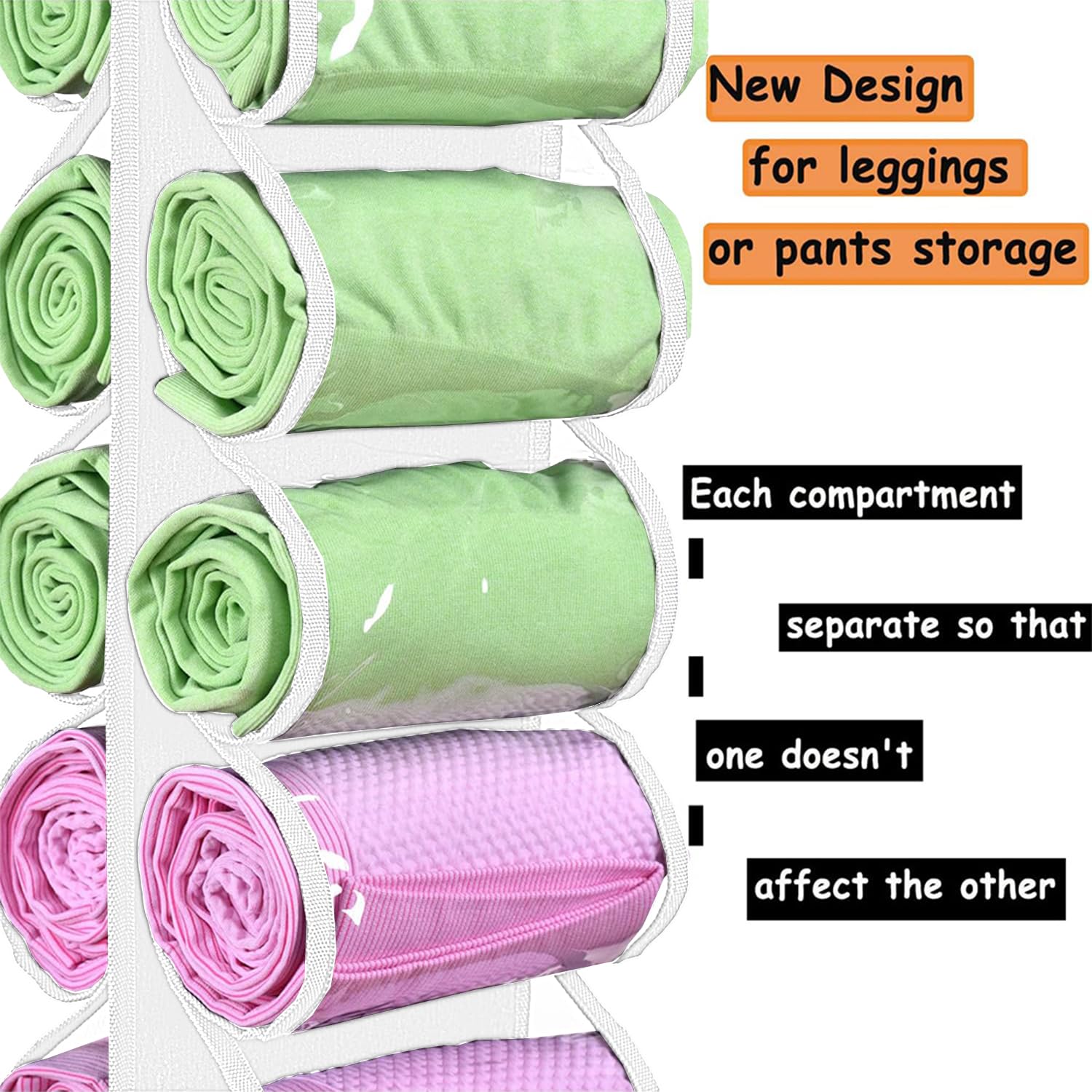Foldable Legging Storage Bag Hanger - Holds 24 Pairs of Leggings, Shirts & Jeans - Portable Closet Organizer with Roll Holder - Space Saving Clothes Storage for Travel & Home Organization (White)