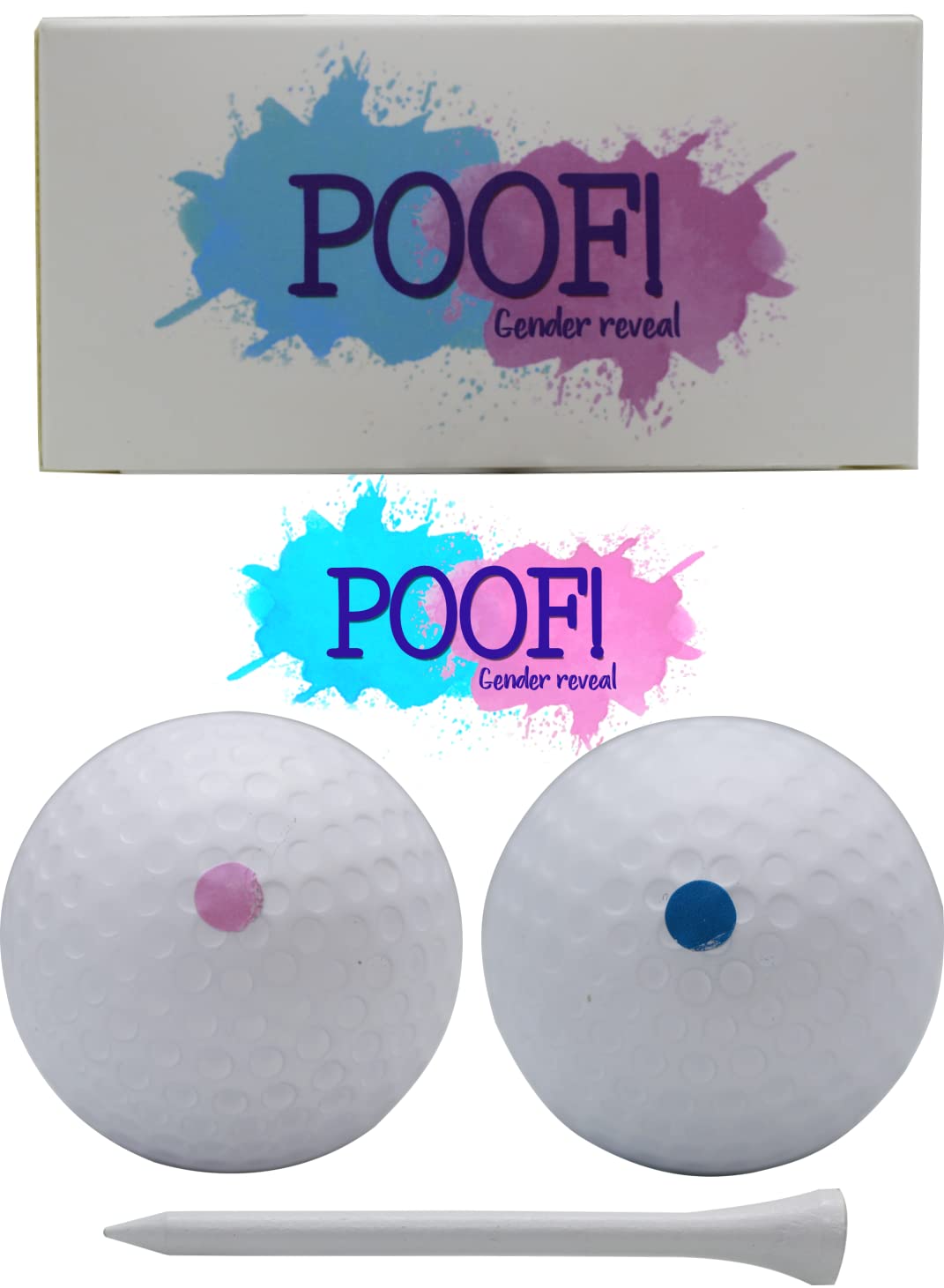 Gender Reveal Golf Balls - Set of 2 Exploding Powder Golf Balls (1 Pink & 1 Blue) with Tee - Fun Backyard Gender Announcement Party Supplies for Baby Shower & Pregnancy Reveal Celebrations