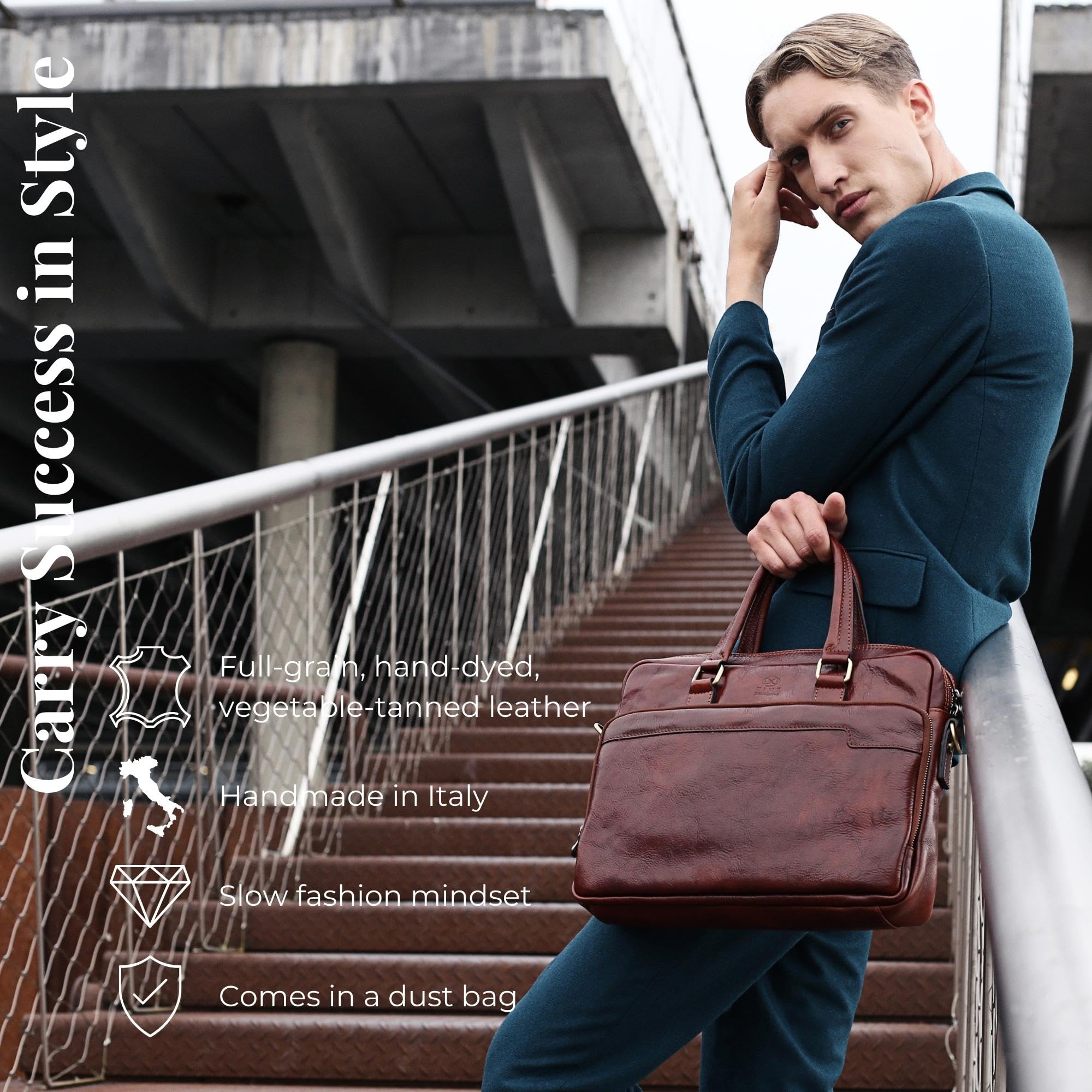 Premium Italian Handmade Leather Briefcase - Durable Time-Resistant Laptop Bag for Men & Women - Business Computer Bag for Office, Travel & Professional Meetings