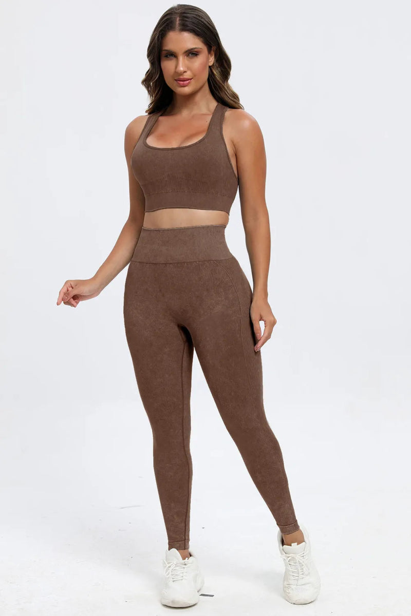 3 Piece Washed Square Neck Wide Strap Active Set for Women - Gym, Yoga & Lounge Wear - Comfortable Workout Outfit for Running & Pilates
