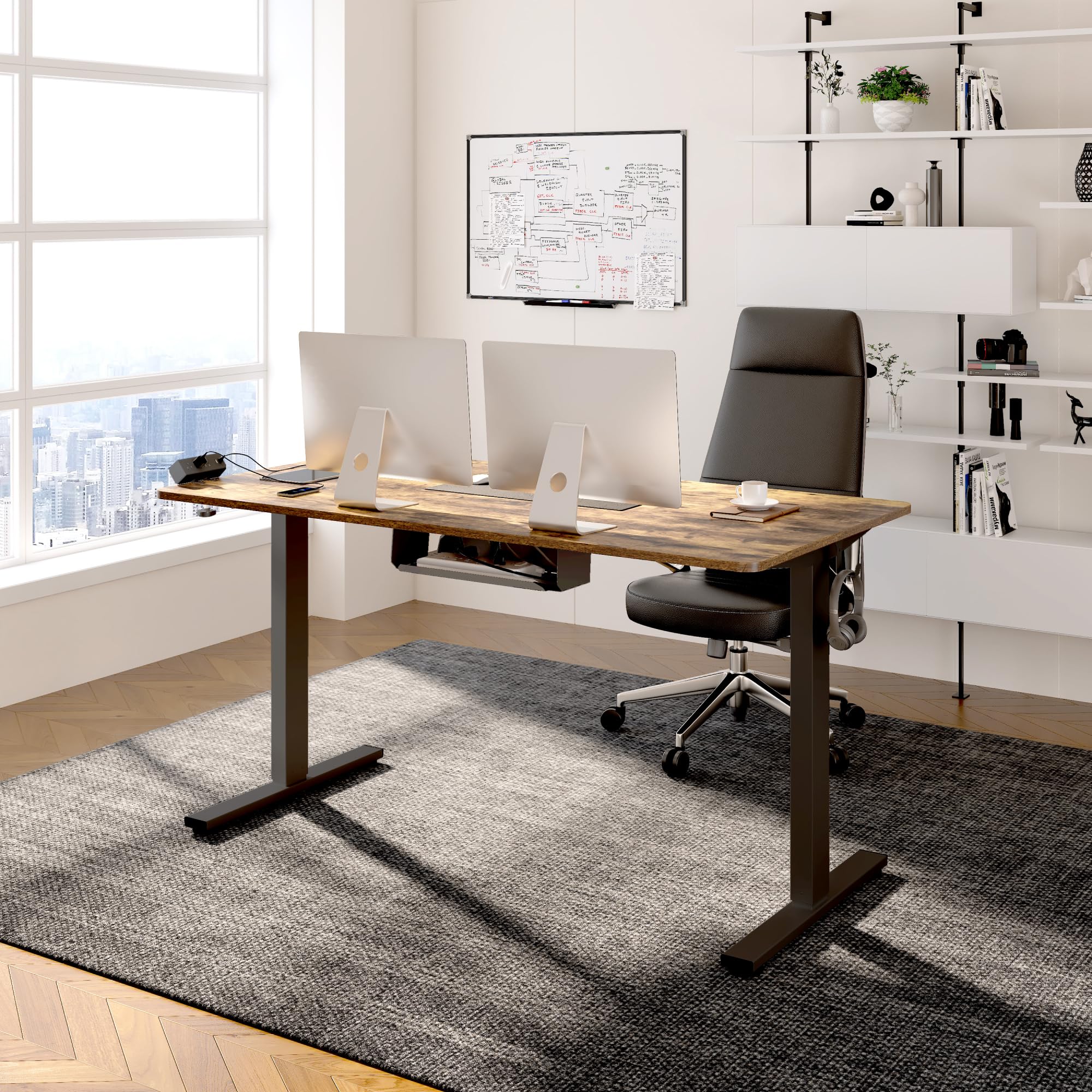FlexiSpot EN2 Whole-Piece Electric Standing Desk - 48 x 30 Inch Height Adjustable Workstation with Built-in Power Strip & Cable Management (Black Frame/Rustic Brown Top) - Perfect for Home Office, Gaming Setup & Ergonomic Workspace