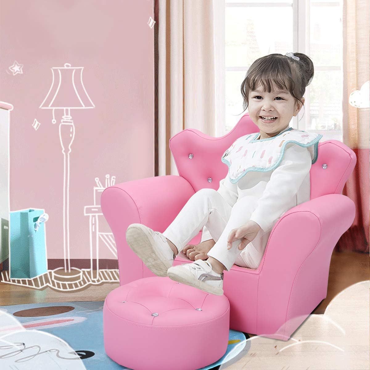 Comfy Toddler Chair with Ottoman - Wooden Frame & PVC Leather Kids Sofa for Girls and Boys - Perfect for Bedroom, Living Room, Playroom & Nursery - Princess Toddler Couch for Reading, TV Time & Relaxation