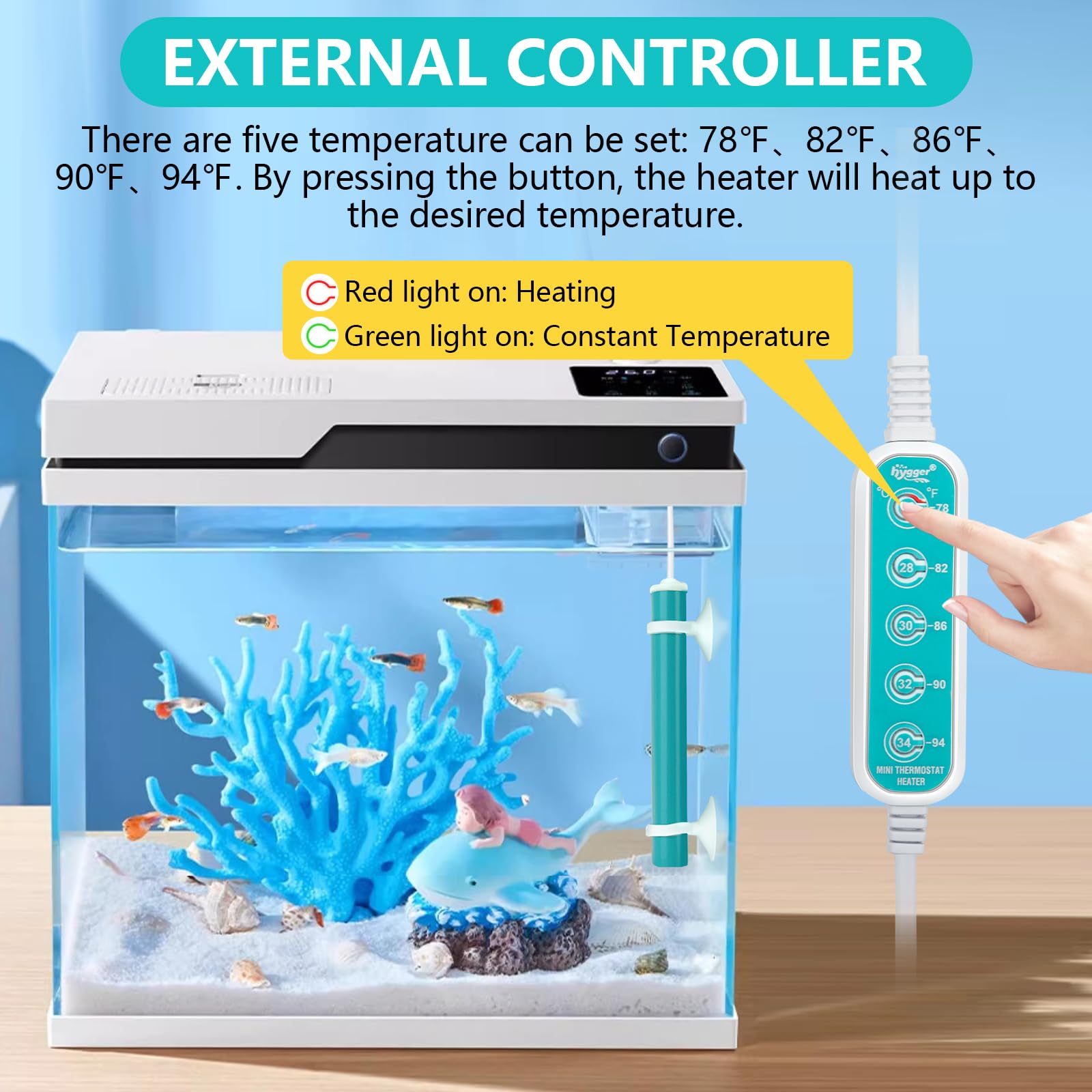 Hygger Mini Submersible Aquarium Heater with External Controller - 5 Temperature Settings (78℉-94℉) for Small Fish Tanks, Betta, Turtle & Freshwater Aquariums - Perfect for Home, Office & Pet Store Use