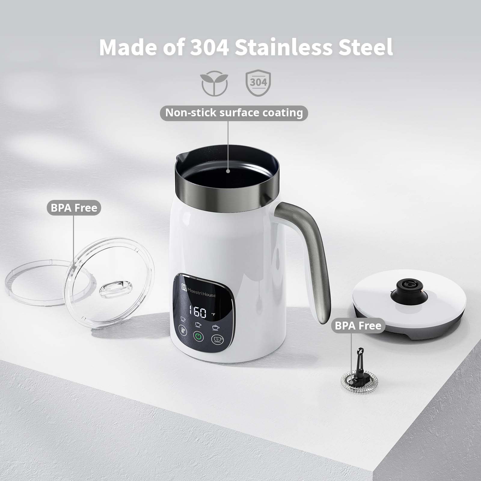 Maestri House Electric Milk Frother and Steamer - 14.1OZ/400ML Capacity, Variable Temperature & Froth Thickness, Smart Touch Control with Memory Function - Perfect for Making Lattes, Cappuccinos, Hot Chocolate and Warm Milk at Home or Office