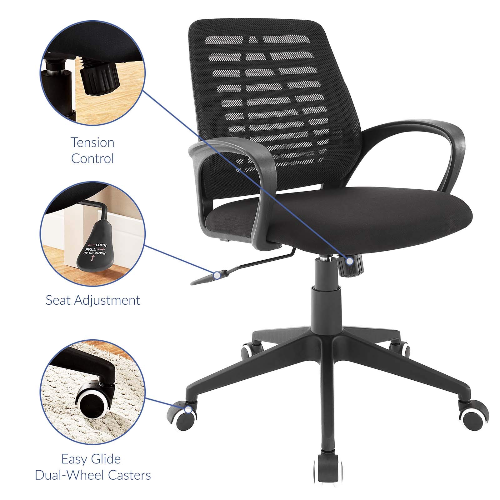 Modway Ardor Black Mesh Ergonomic Office Chair - Adjustable Height, Lumbar Support for Home & Office Workspace - Comfortable Computer Desk Chair for Long Hours Sitting