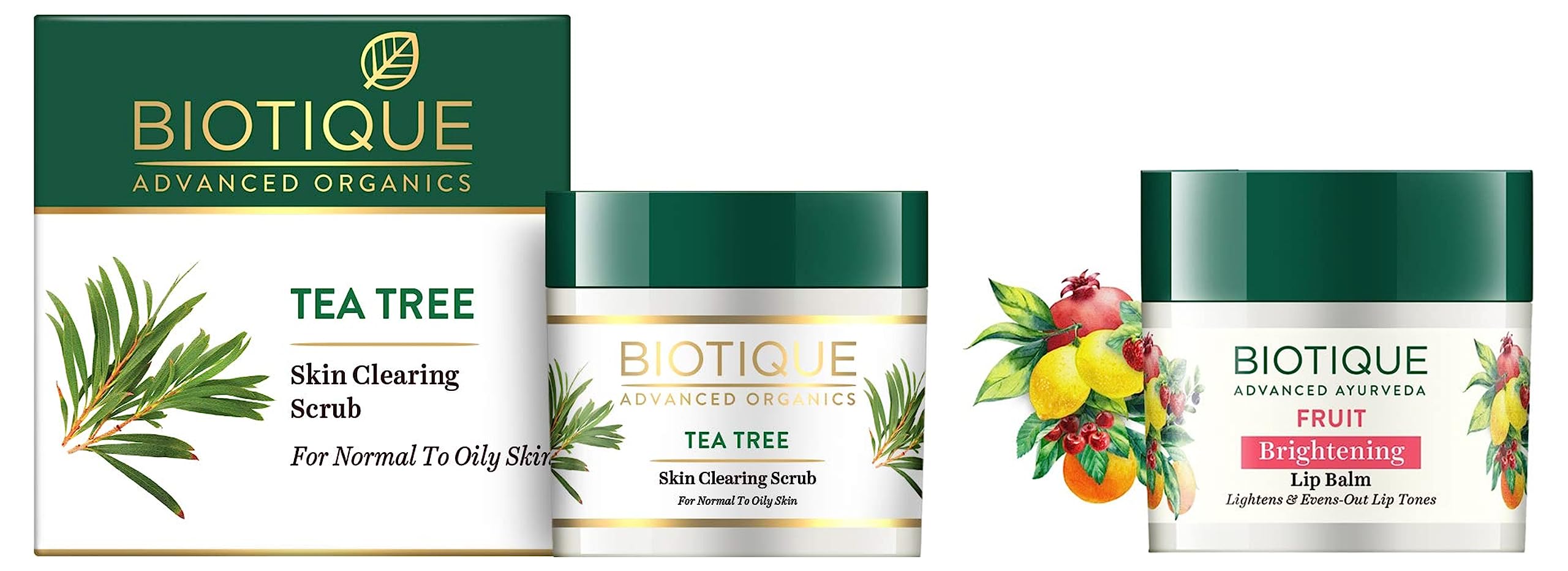 Biotique Bio Fruit Whitening & Brightening Lip Balm 12g & Tea Tree Skin Clearing Face Scrub 50g - Natural Lip Care & Exfoliating Facial Cleanser for Normal to Oily Skin - Perfect for Daily Skincare Routine & Travel Essentials