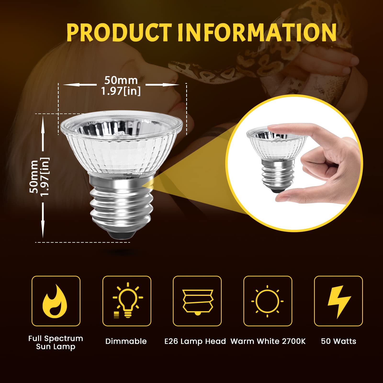 50W Reptile Heat Lamp Bulb - UVA UVB Full Spectrum Sun Light, E26 Dimmable Basking Bulb for Turtles, Lizards, Amphibians & Terrariums (8-Pack) - Perfect for Reptile Habitats, Nighttime Heating & UV Supplementation