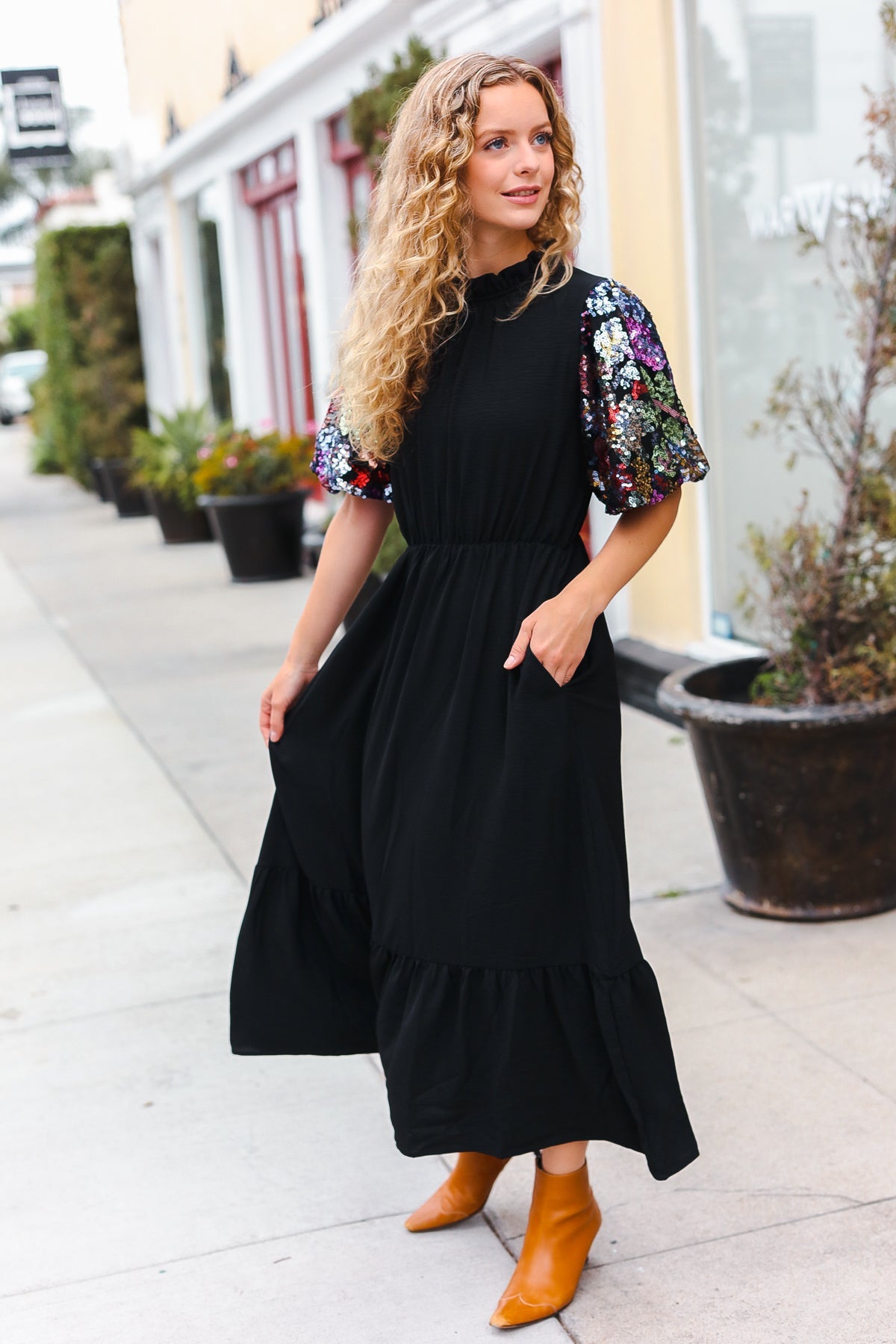 Elegant Black Floral Sequin Puff Sleeve Mock Neck Tiered Maxi Dress for Women - Perfect for Evening Parties, Weddings & Special Occasions