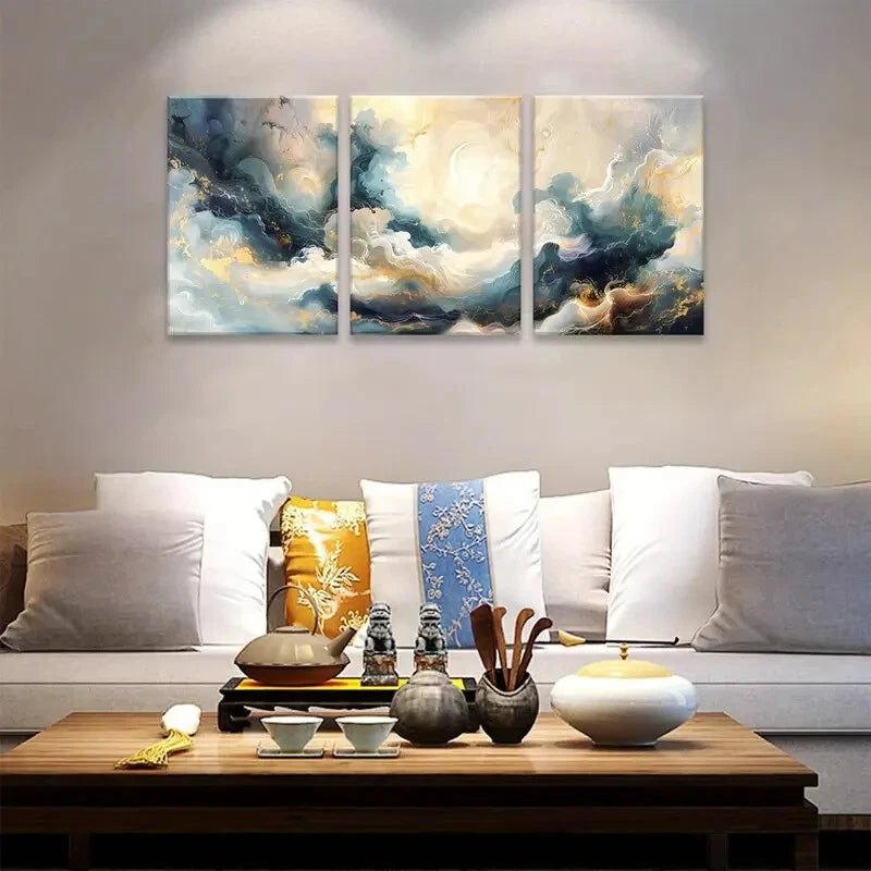 3-Piece Abstract Blue & Gold Marble Metal Wall Art - Ready to Hang Modern Home Decor for Living Room, Bedroom & Office