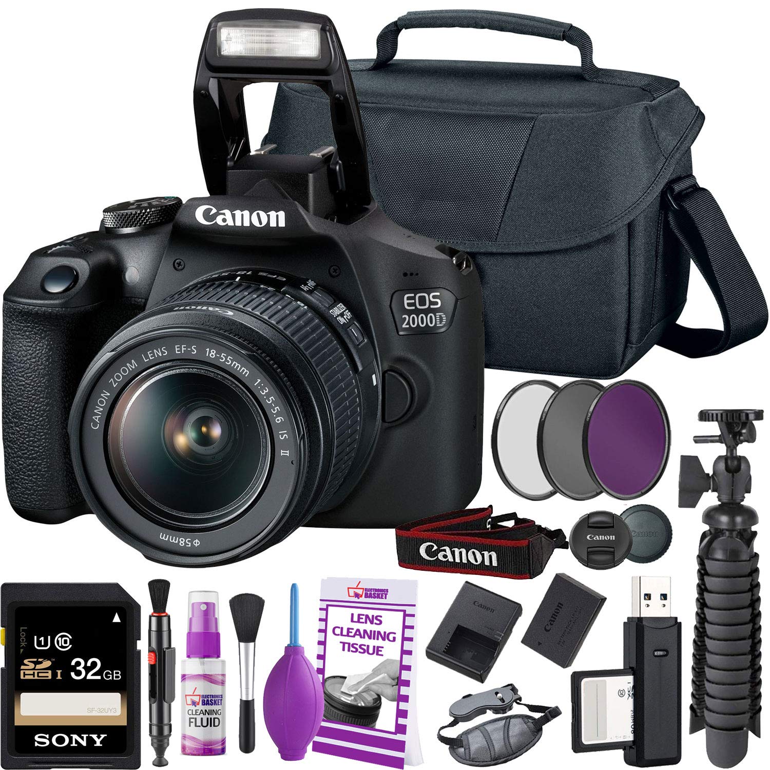 Canon EOS Rebel T7 / 2000D DSLR Camera Bundle with 18-55mm Lens, 32GB SD Card, Camera Bag, Cleaning Kit, Tripod & Filters (Renewed) - Perfect for Beginners, Travel Photography & Vlogging