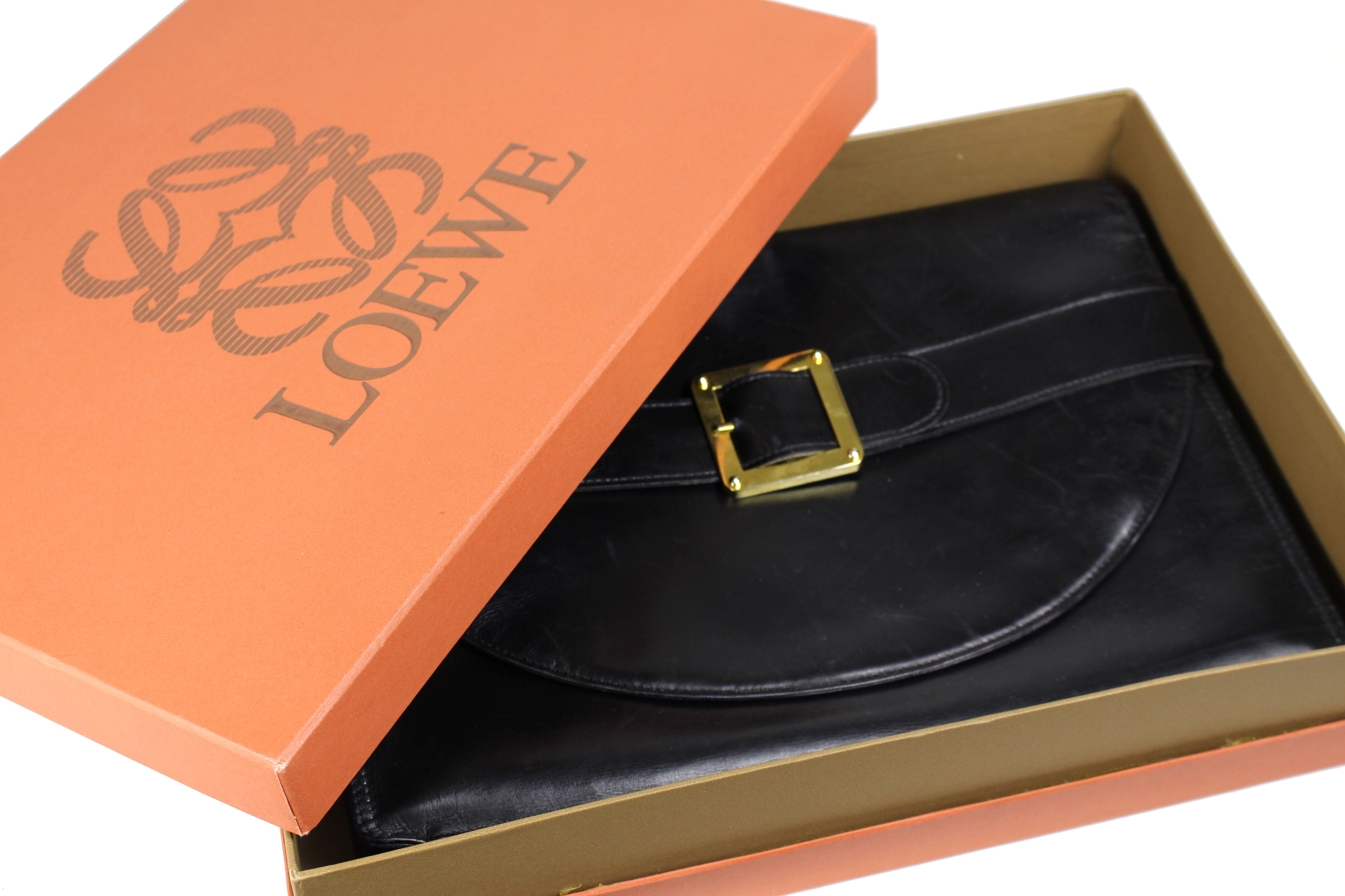 LOEWE Black Leather Clutch Purse with Buckle - Elegant Women's Evening Bag for Parties, Weddings & Special Occasions