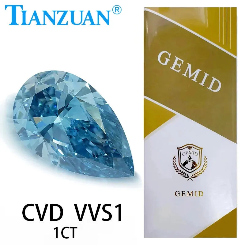 1ct VVS1 Lab Grown CVD Diamond - Pear Cut Fancy Vivid Blue Loose Gemstone (2EX Cut, GEMID Certified) for Engagement Rings & Fine Jewelry Making
