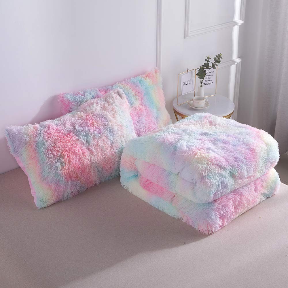 Wajade Faux Fur Plush Rainbow Comforter Set - 3PC Full/Queen Size Soft Microfiber Bedding | Fluffy Fuzzy Shaggy Warm Quilt for Cozy Bedroom Decor | Perfect for Winter, Guest Room & Kids Room