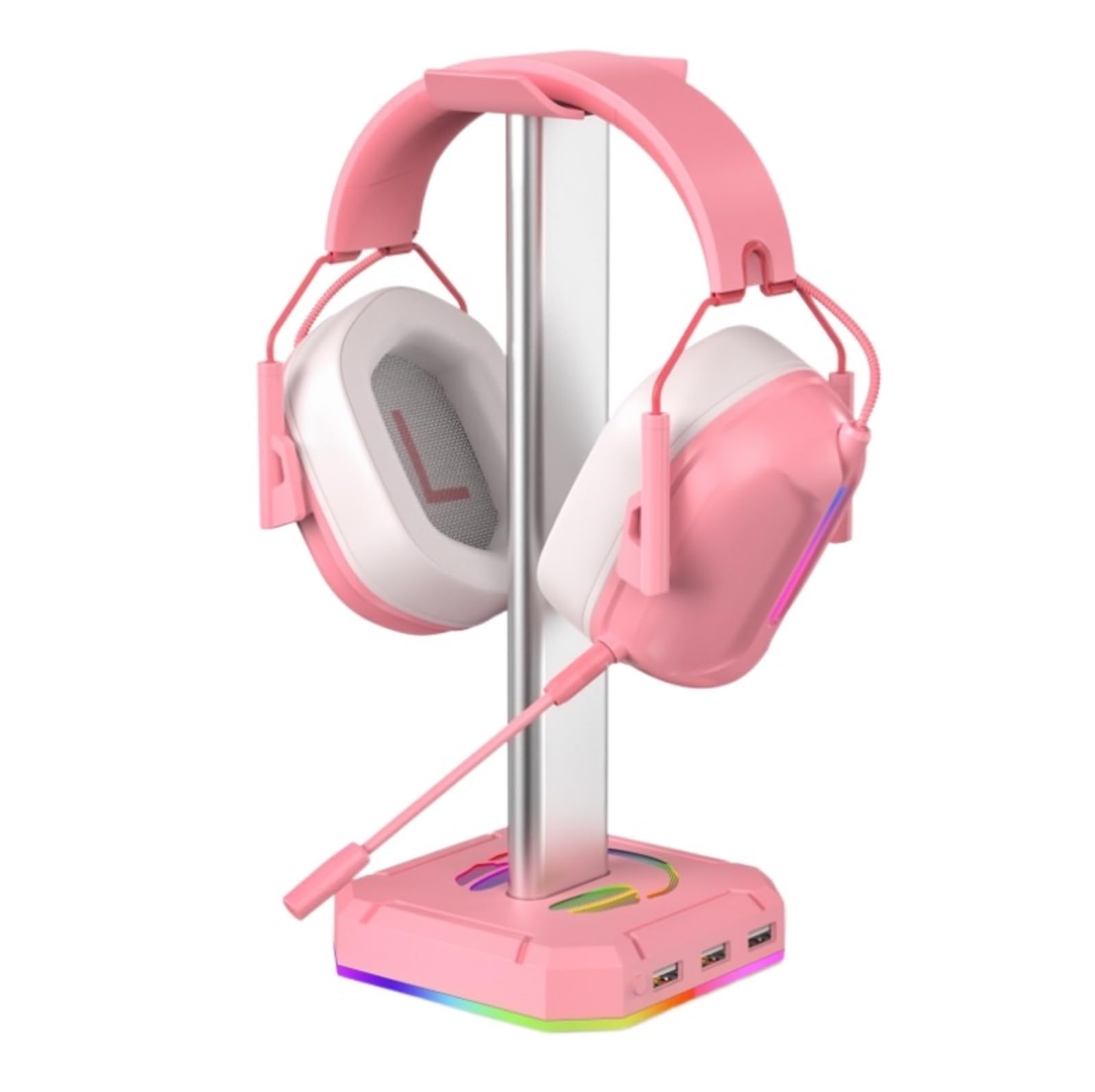 RGB Gaming Headset Stand with Single Rolling Light - Aluminum Alloy Headphone Holder for Desk, PC Setup (Pink, 4x4x10.5in) - Perfect for Gaming Stations, Home Office & Streamer Setups