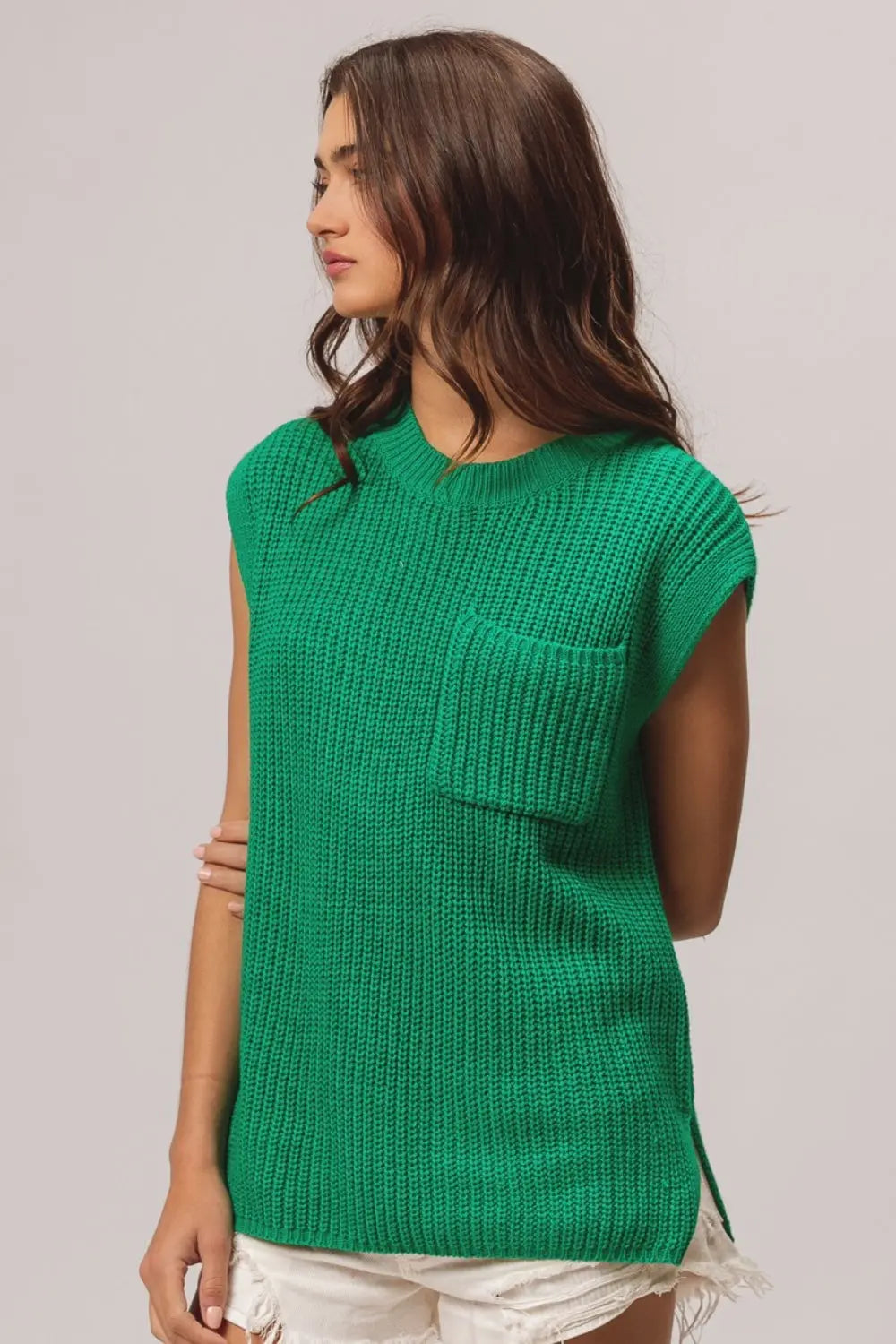 BiBi Patch Pocket Cap Sleeve Sweater Top for Women - Cozy Knit Pullover with Front Pockets - Perfect for Casual Outfits, Office Wear & Fall Layering