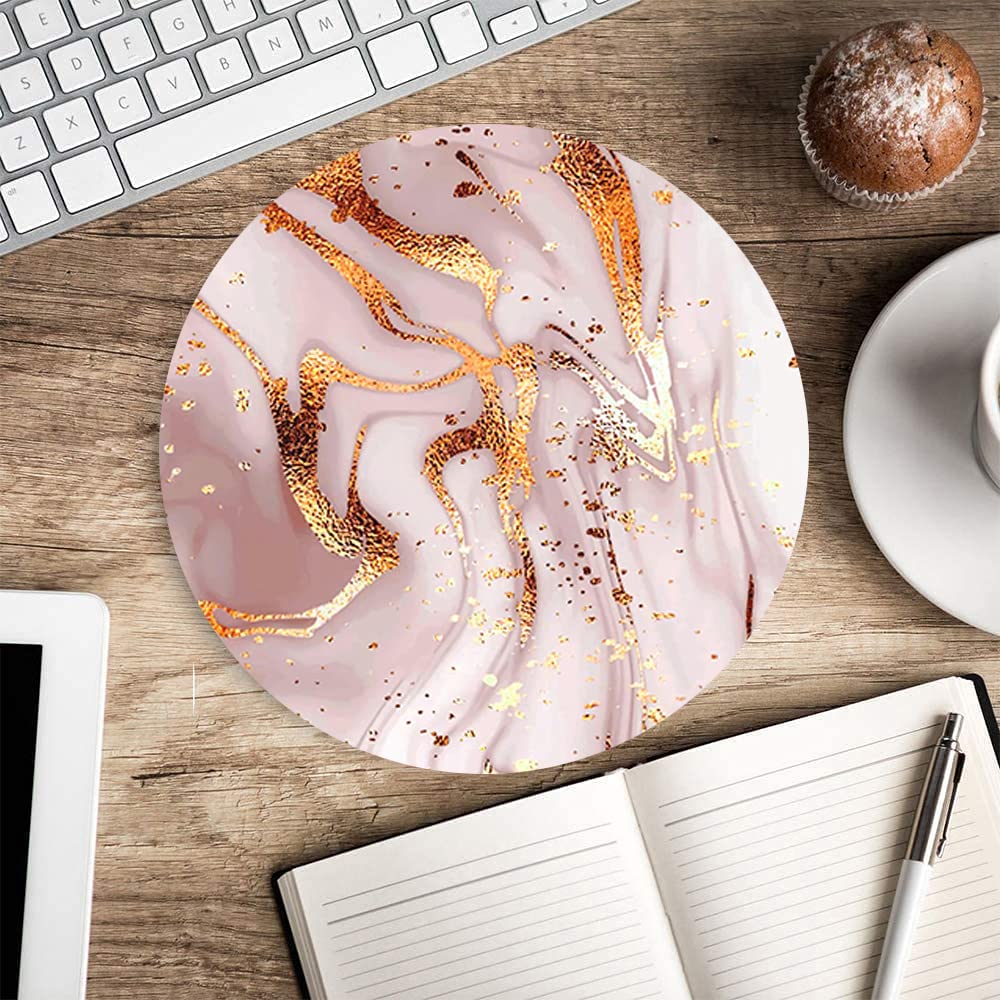 Elegant Marble Mouse Pad with Non-Slip Rubber Base - Round Rose Gold Wireless Mouse Mat for Laptop & Office - Portable Custom Small Mousepad with Stylish Designs for Home, Work & Gaming Setups