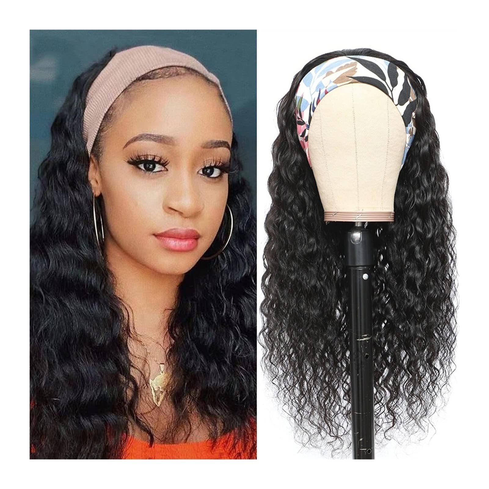 Natural Black Human Hair Headband Wig for Women - 8-26 Inch Water Wave Glueless Machine Made Wig (180% Density, 22 Inches) - Perfect for Daily Wear, Parties & Protective Styling
