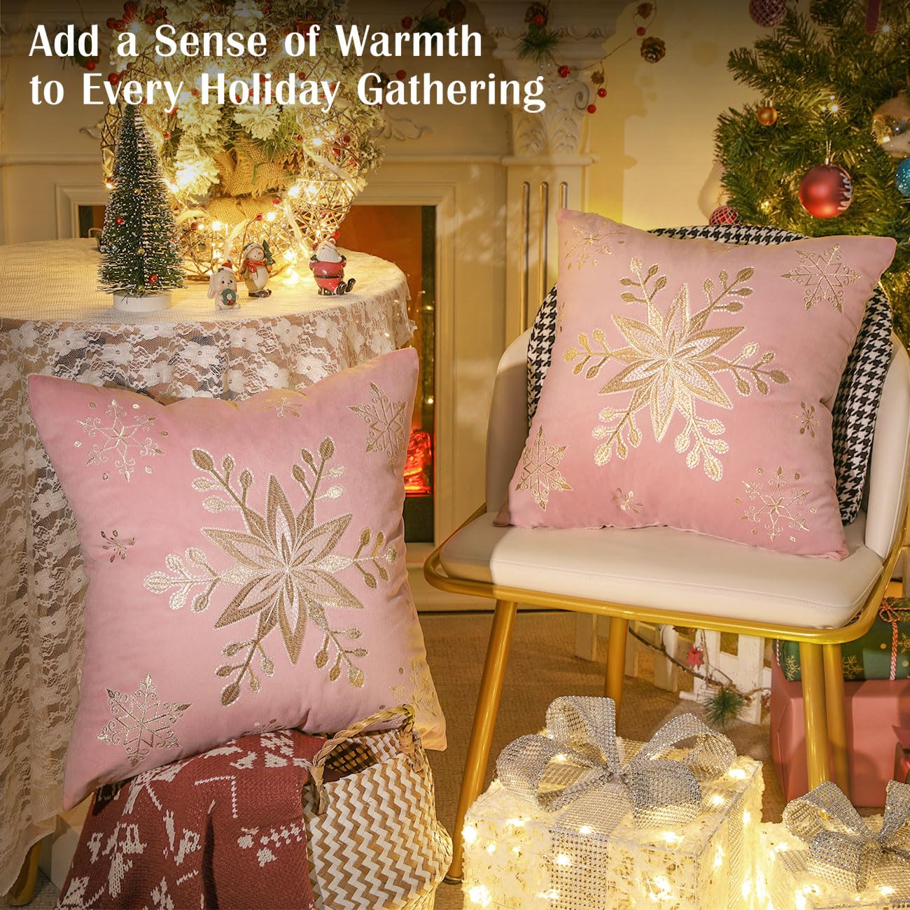 Lewondr 18x18 Inch Christmas Throw Pillow Covers Set of 2 - Embroidered Snowflake Velvet Decorative Pillowcases for Sofa, Couch, Bed, Living Room - Soft Square Home Decor in Pink - Perfect for Holiday Decorations & Cozy Winter Nights