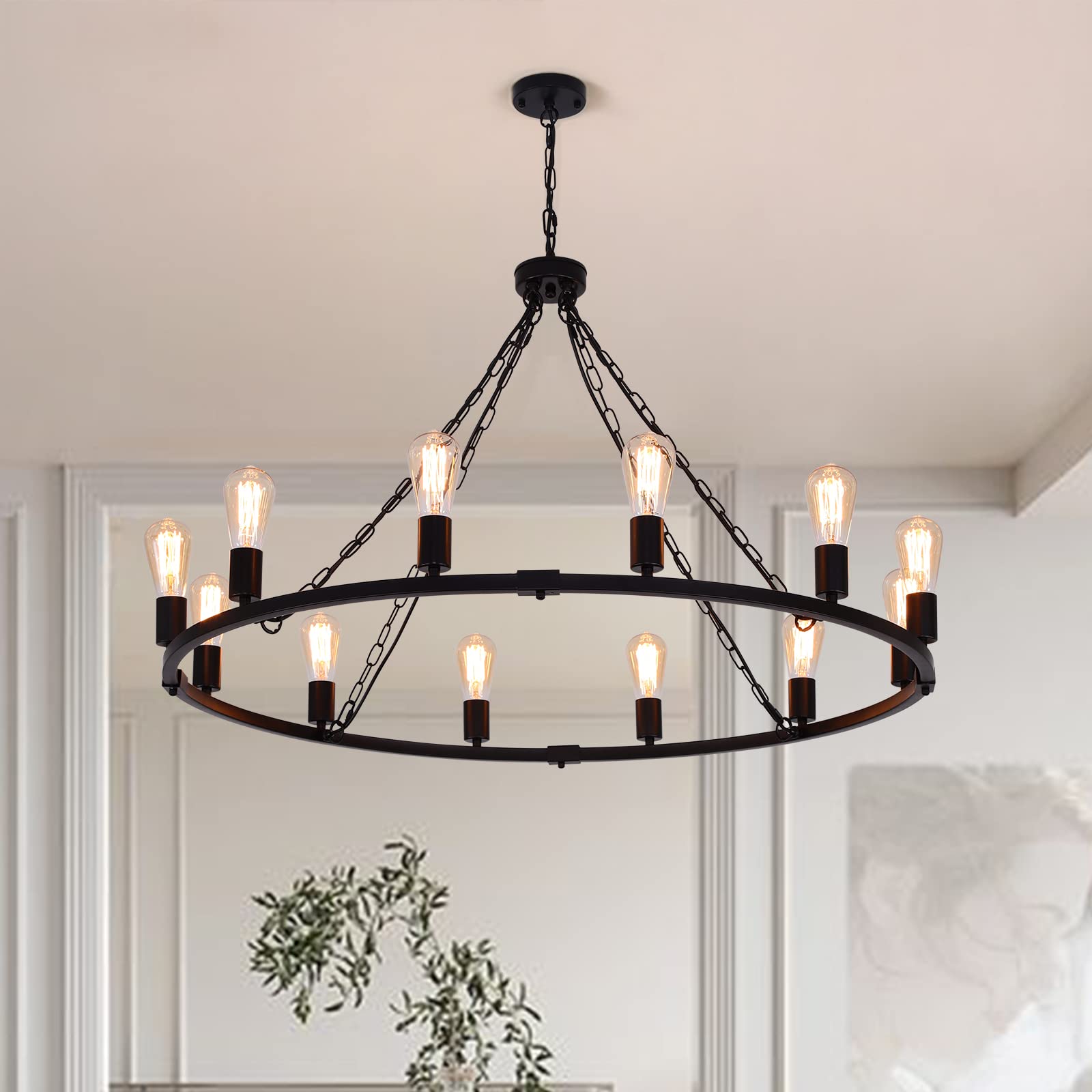 Eoodis 12-Light Rustic Farmhouse Chandelier - Vintage Black Metal & White Birch Pendant Lighting for Dining Room, Kitchen, Living Room, Bedroom, Hallway - Perfect for Farmhouse Decor and Cozy Home Ambiance