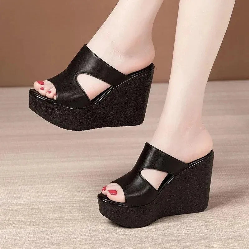 Comfortable Slip-On Leather Wedge Sandals for Women - Stylish Summer Casual Shoes for Beach, Travel & Everyday Wear